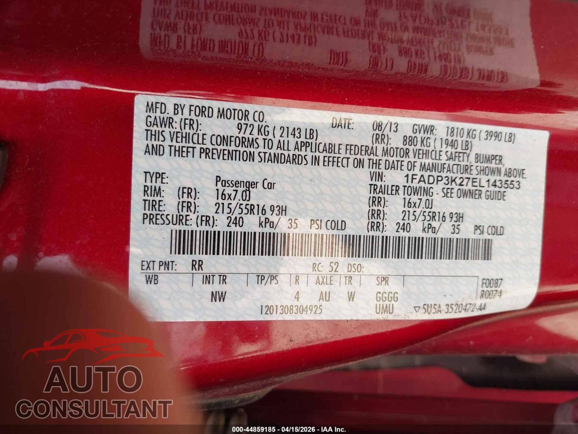 FORD FOCUS 2014 - 1FADP3K27EL143553