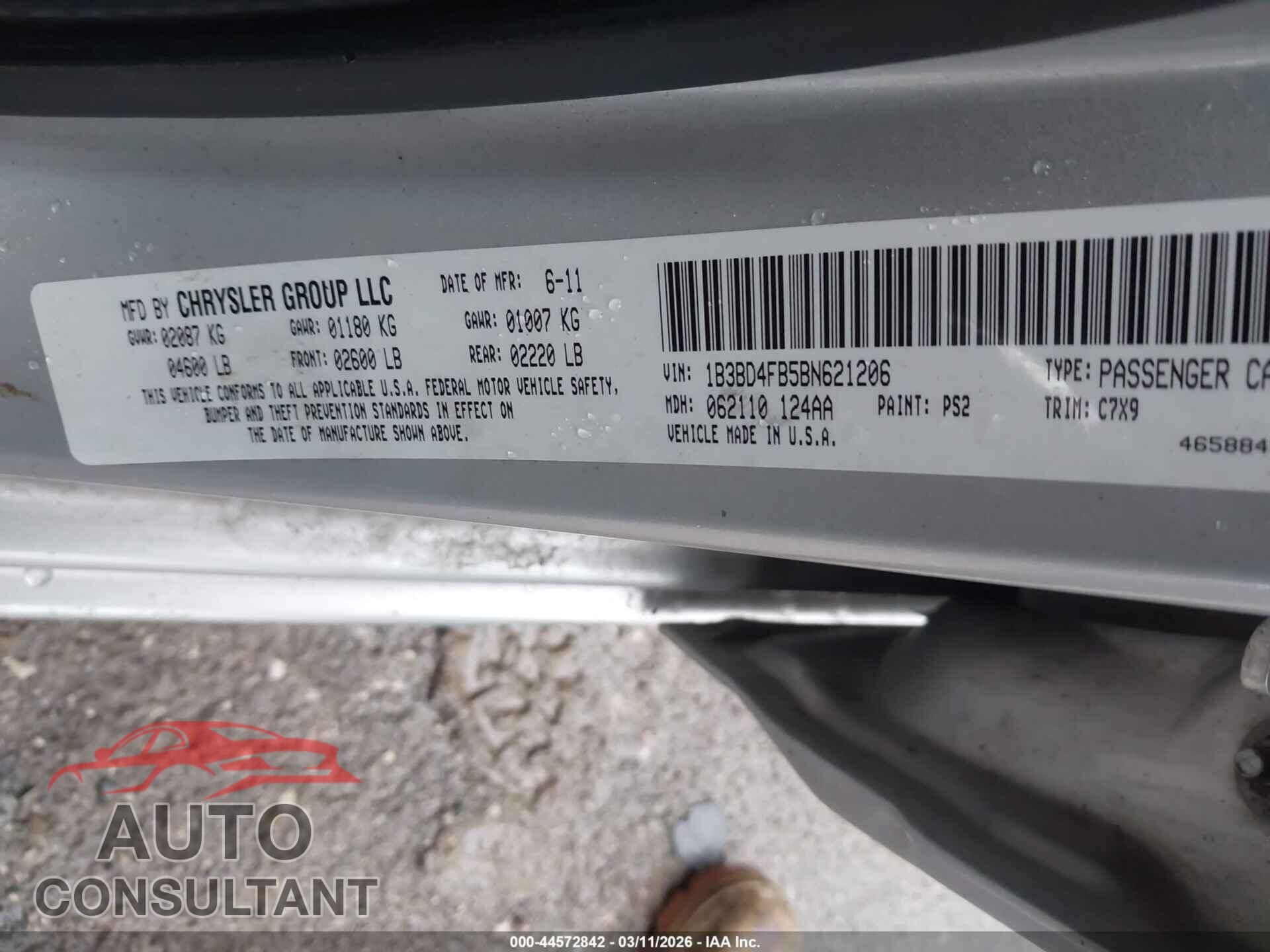 DODGE AVENGER 2011 - 1B3BD4FB5BN621206