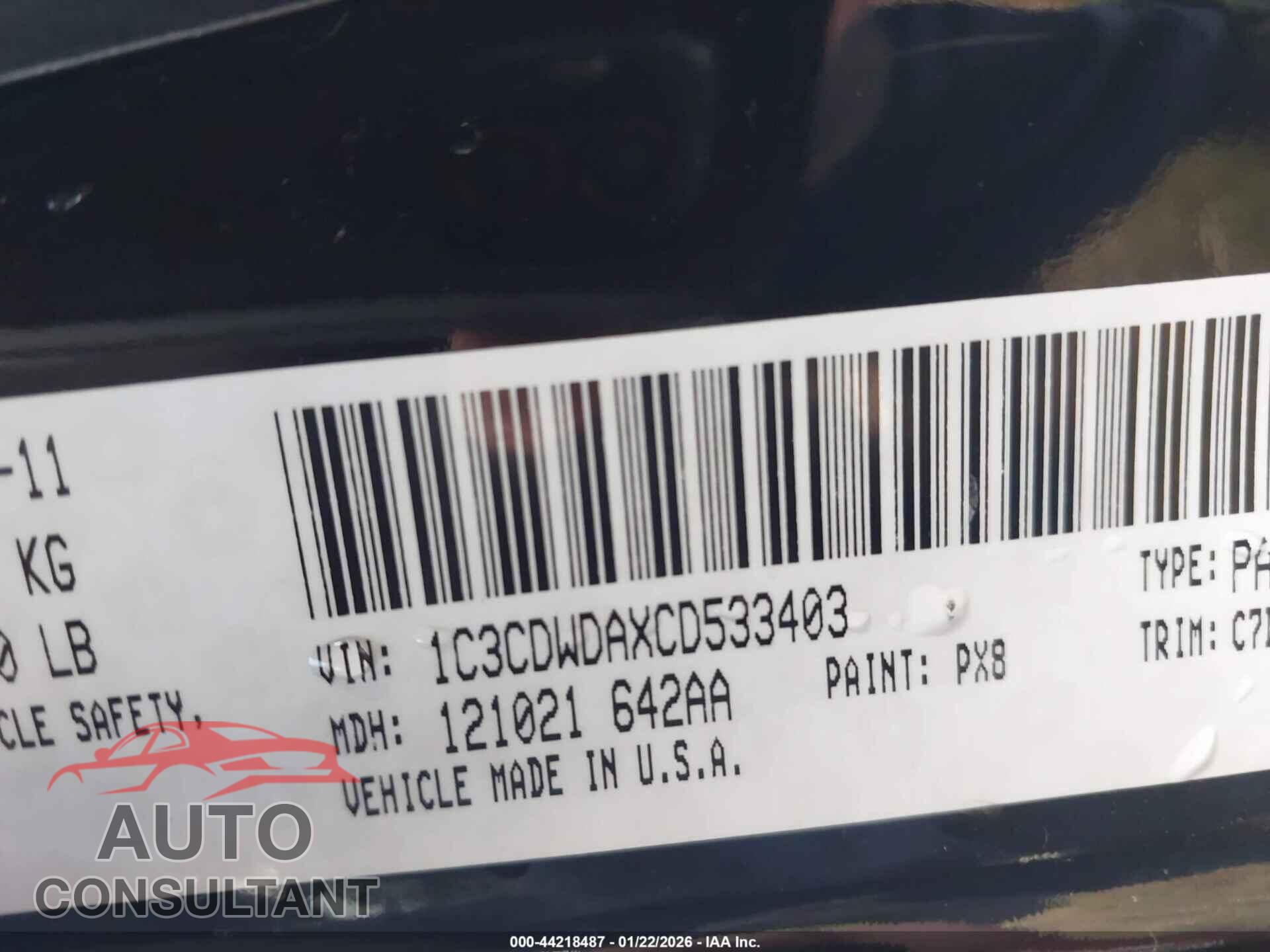 DODGE CALIBER 2012 - 1C3CDWDAXCD533403
