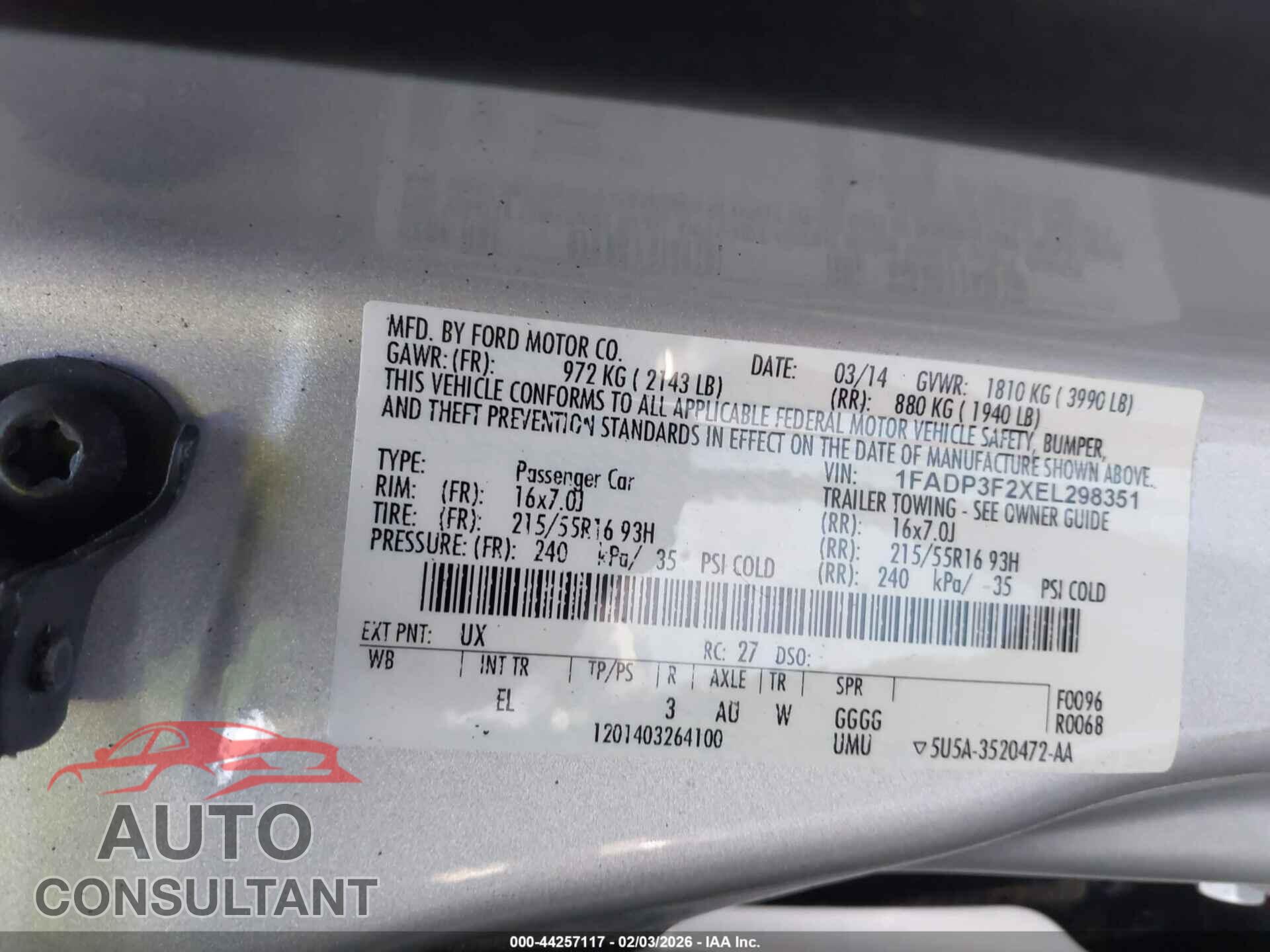 FORD FOCUS 2014 - 1FADP3F2XEL298351