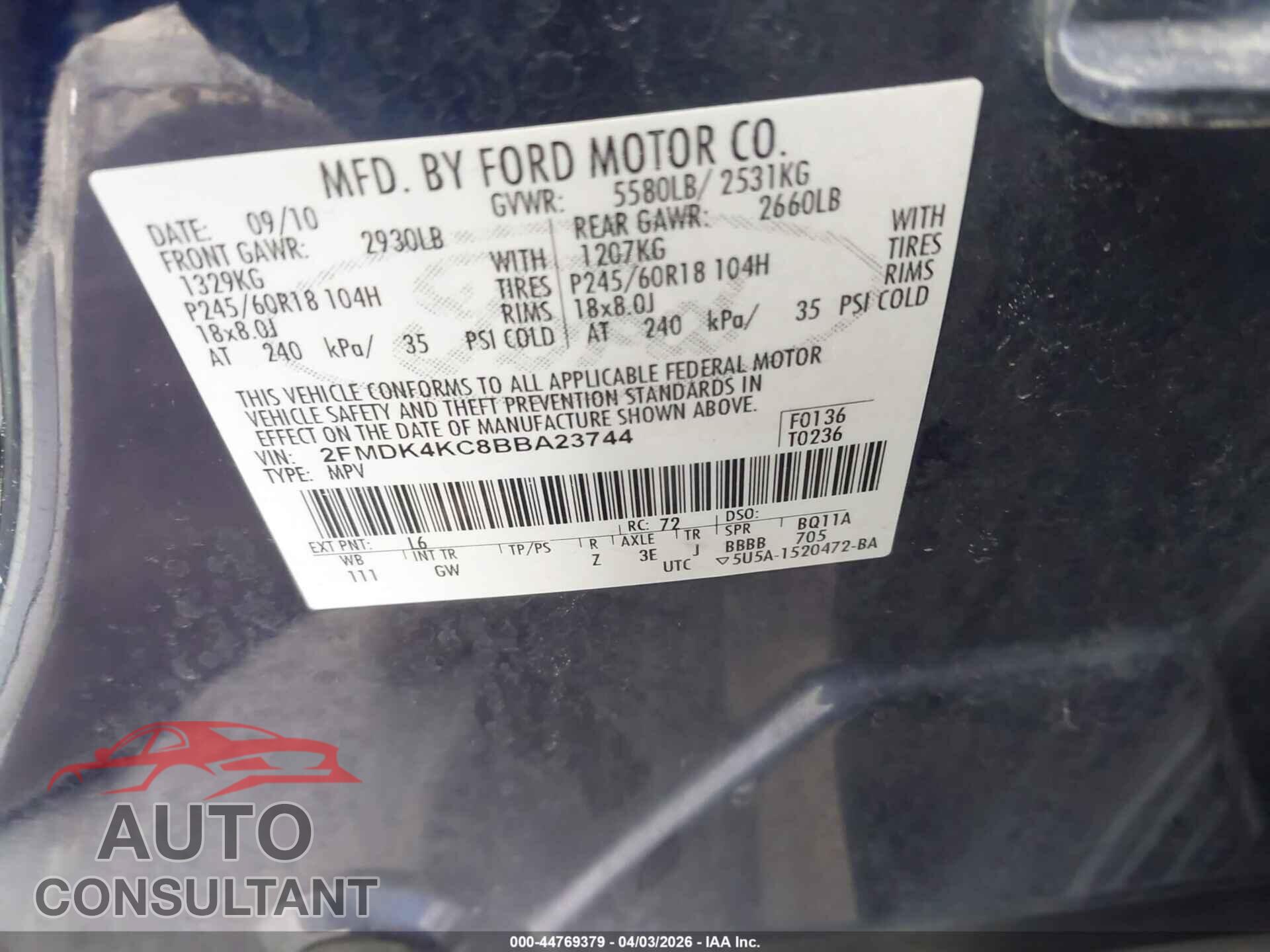 FORD EDGE 2011 - 2FMDK4KC8BBA23744