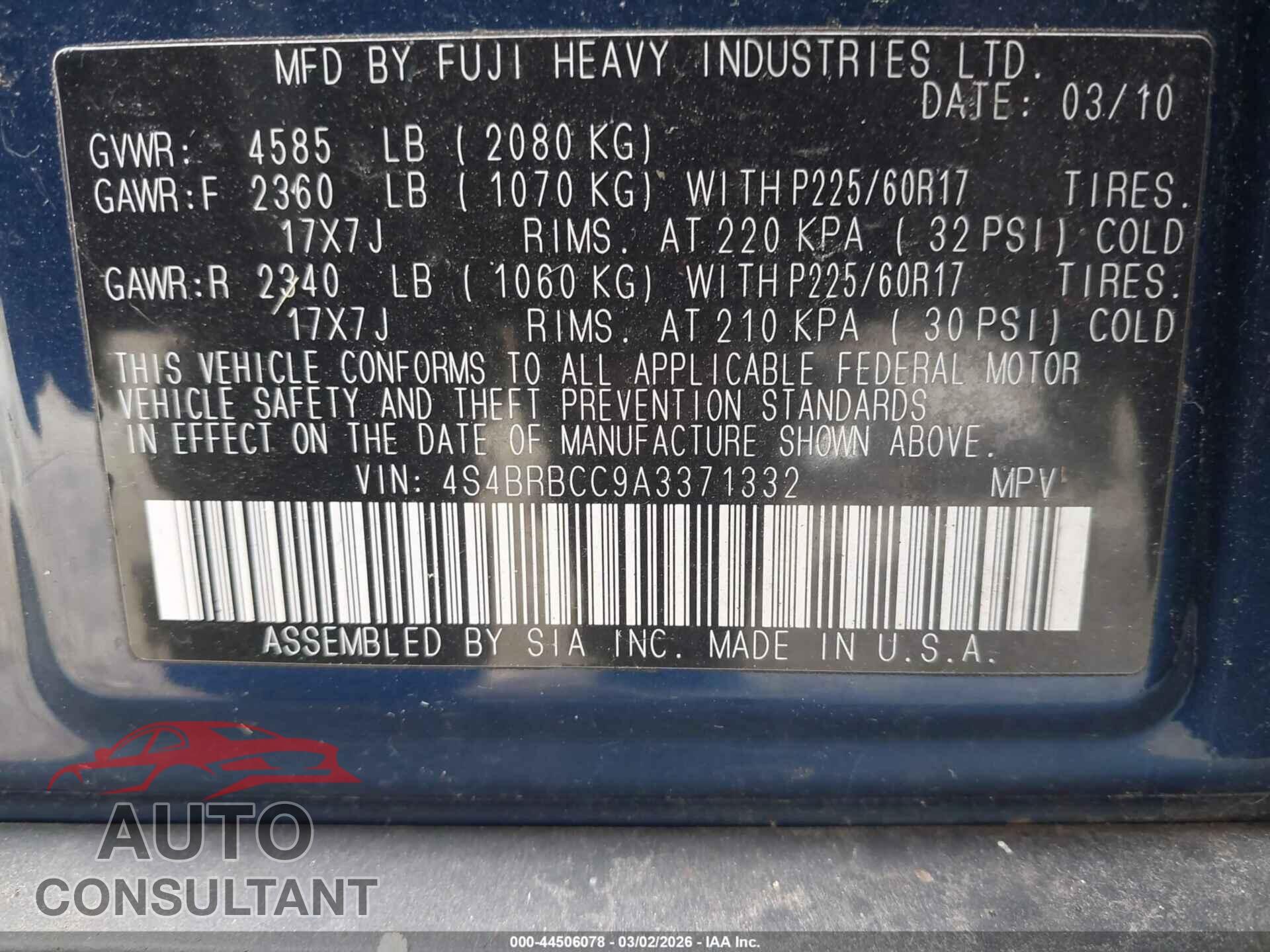 SUBARU OUTBACK 2010 - 4S4BRBCC9A3371332