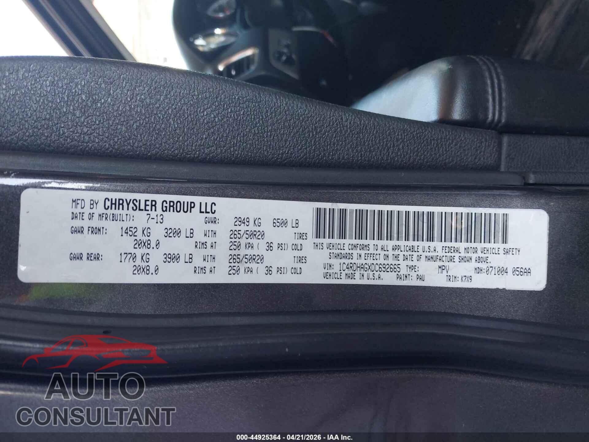 DODGE DURANGO 2013 - 1C4RDHAGXDC692665