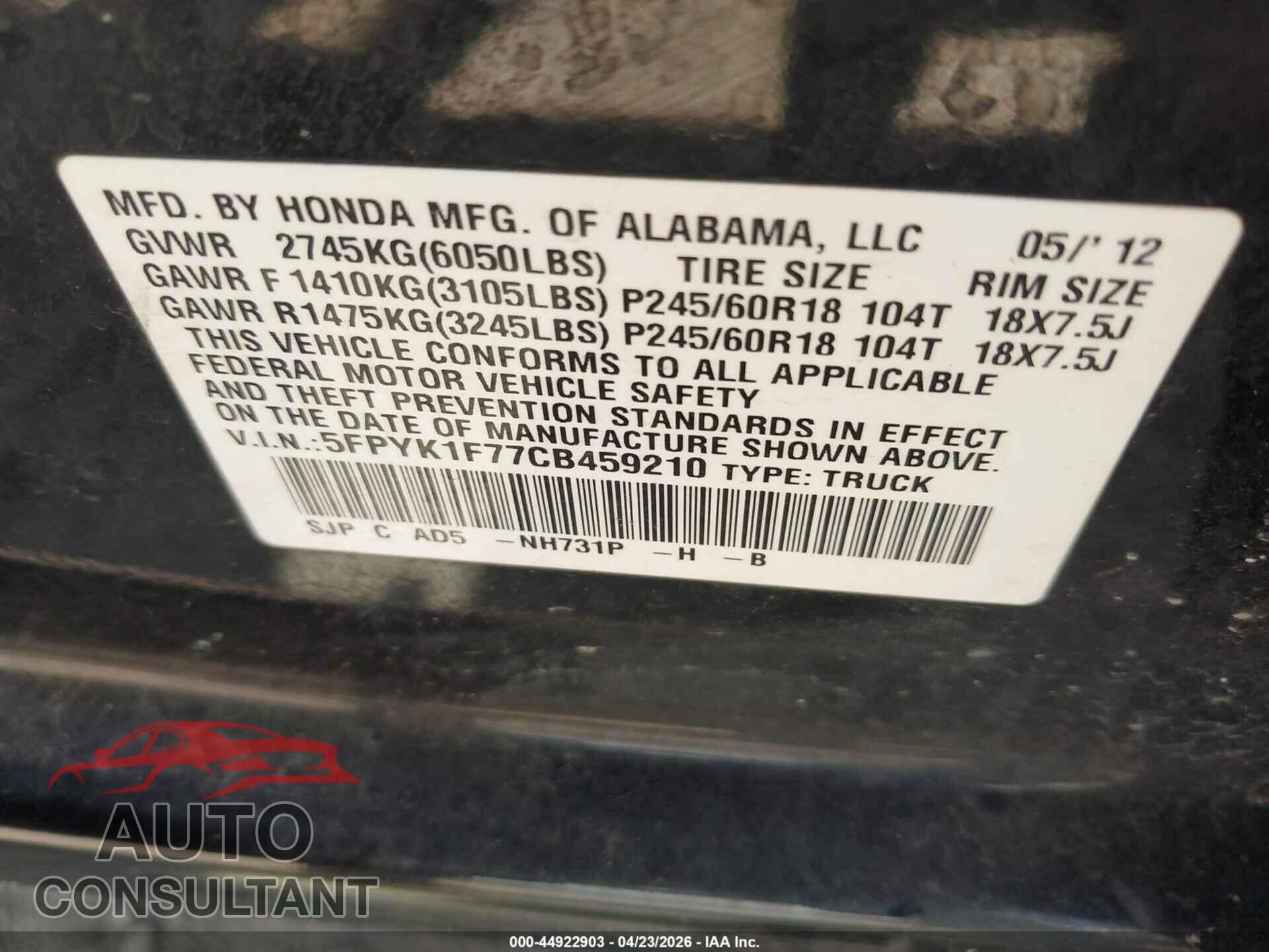 HONDA RIDGELINE 2012 - 5FPYK1F77CB459210