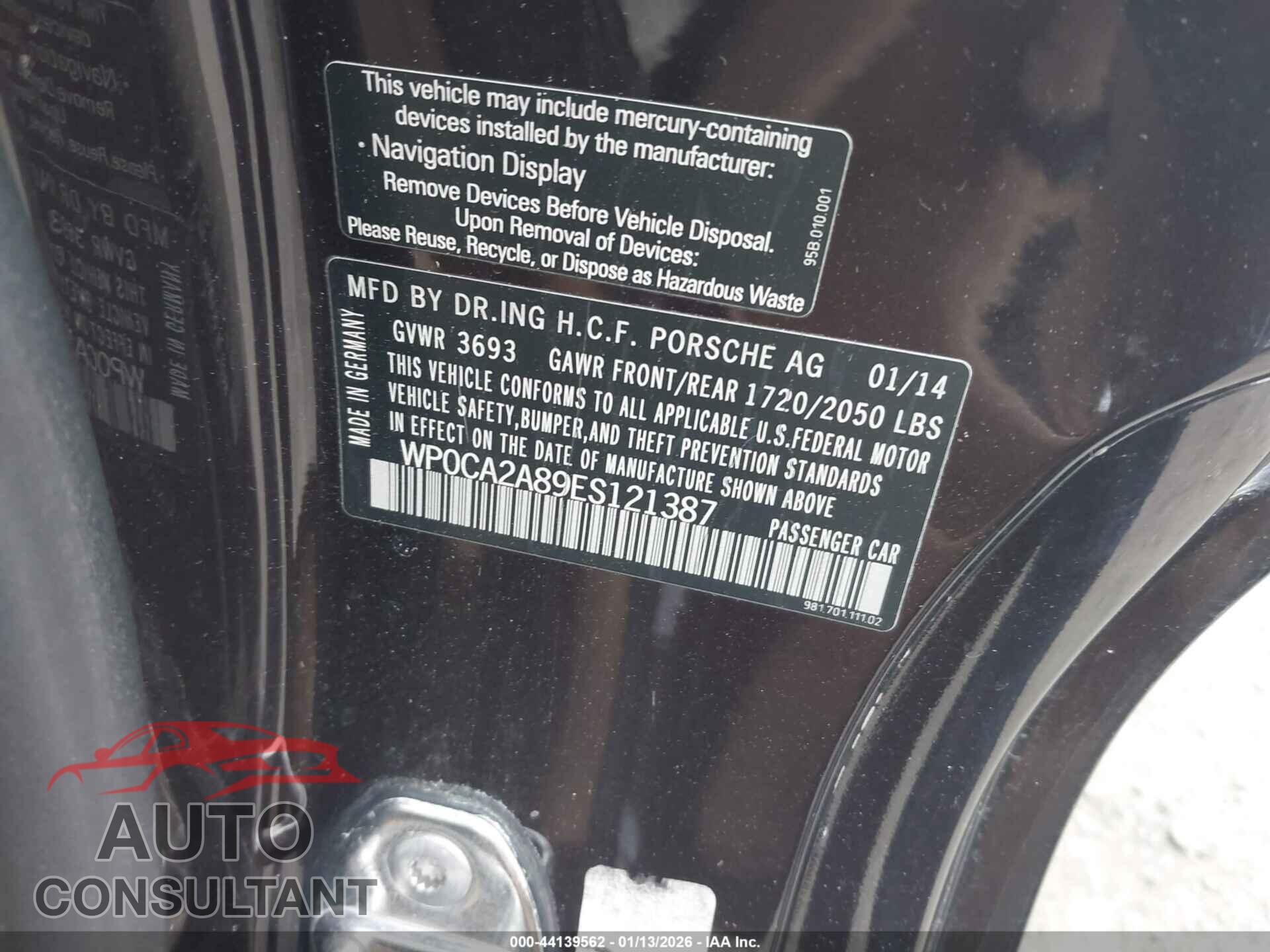 PORSCHE BOXSTER 2014 - WP0CA2A89ES121387