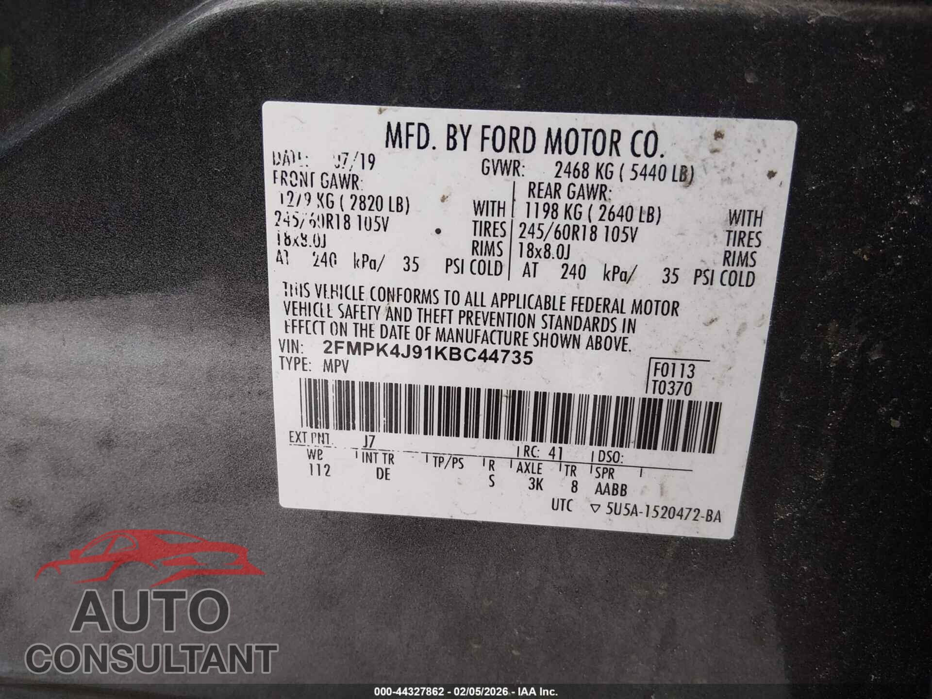 FORD EDGE 2019 - 2FMPK4J91KBC44735