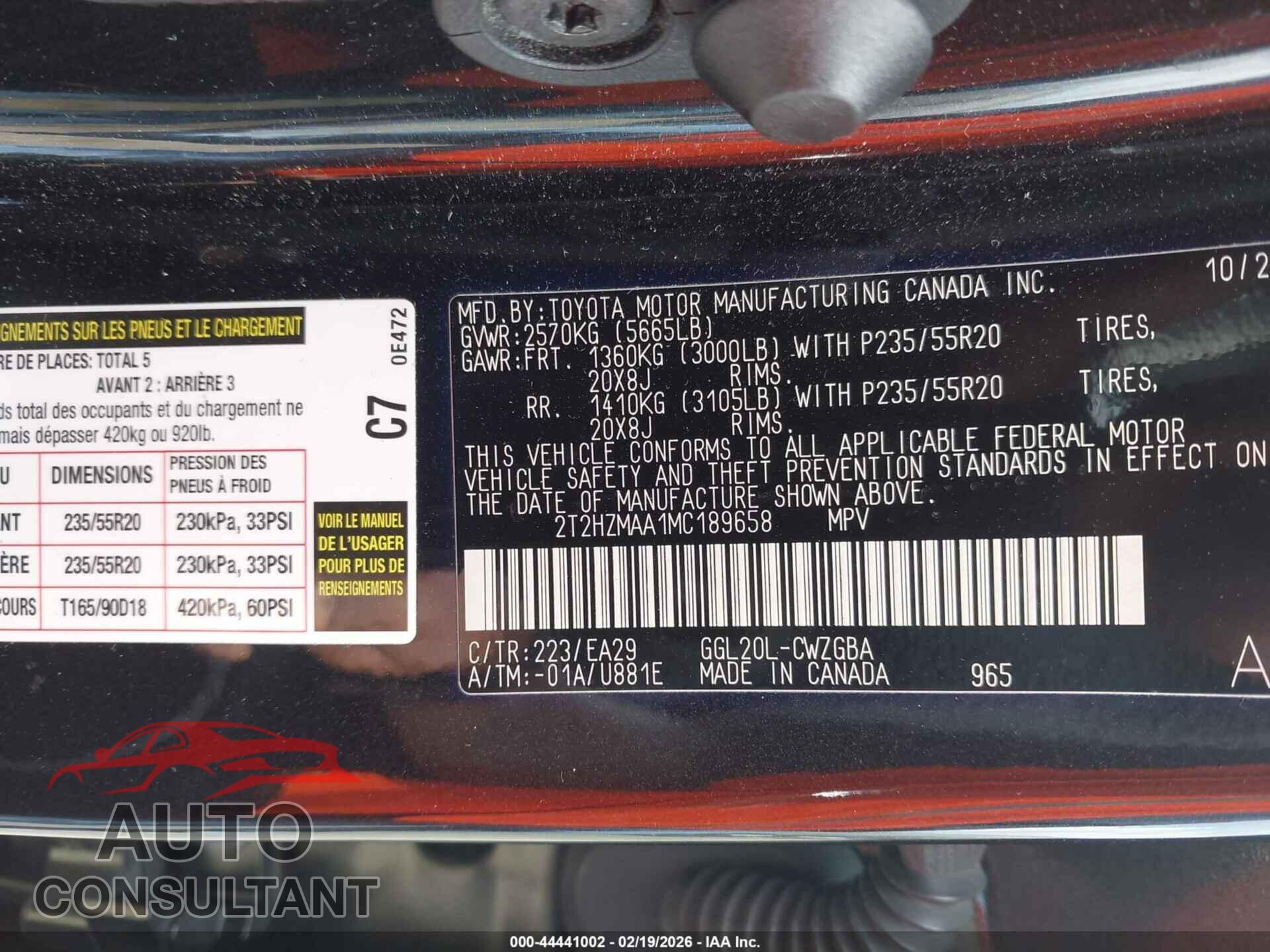 LEXUS RX 350 2021 - 2T2HZMAA1MC189658