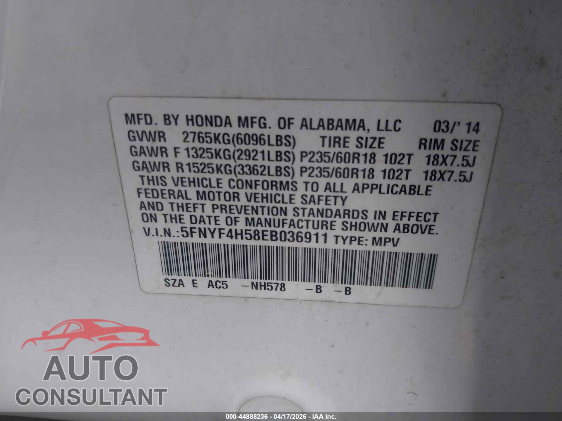 HONDA PILOT 2014 - 5FNYF4H58EB036911