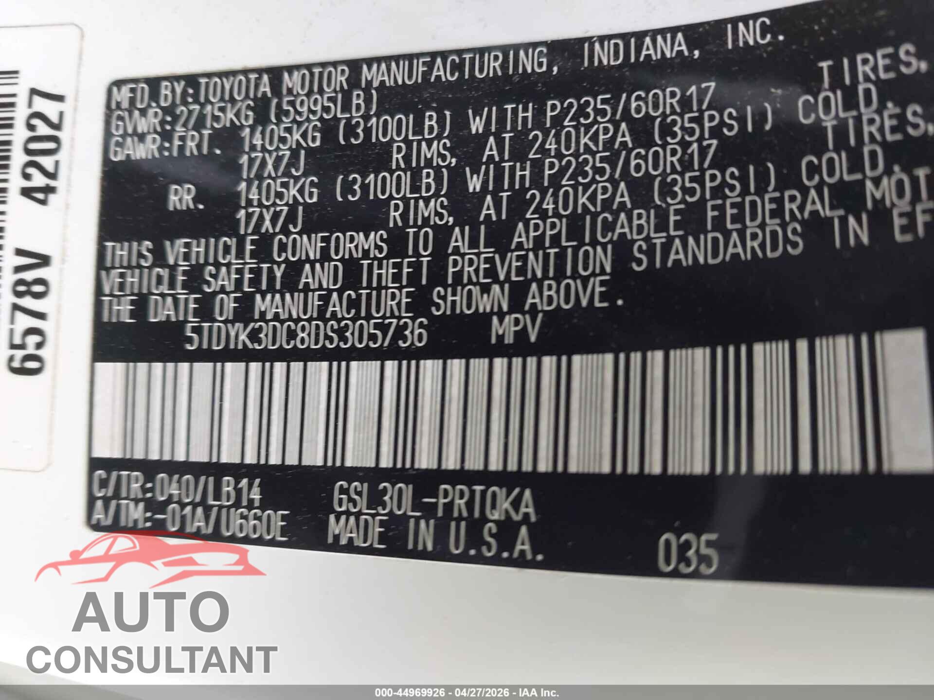TOYOTA SIENNA 2013 - 5TDYK3DC8DS305736