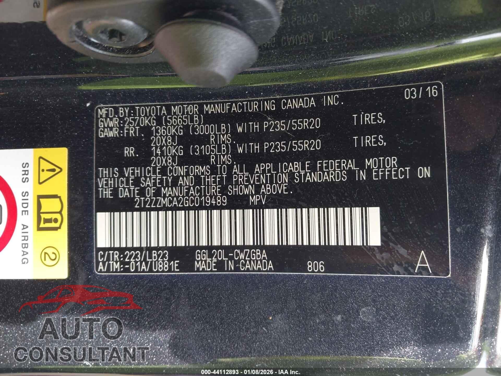 LEXUS RX 350 2016 - 2T2ZZMCA2GC019489