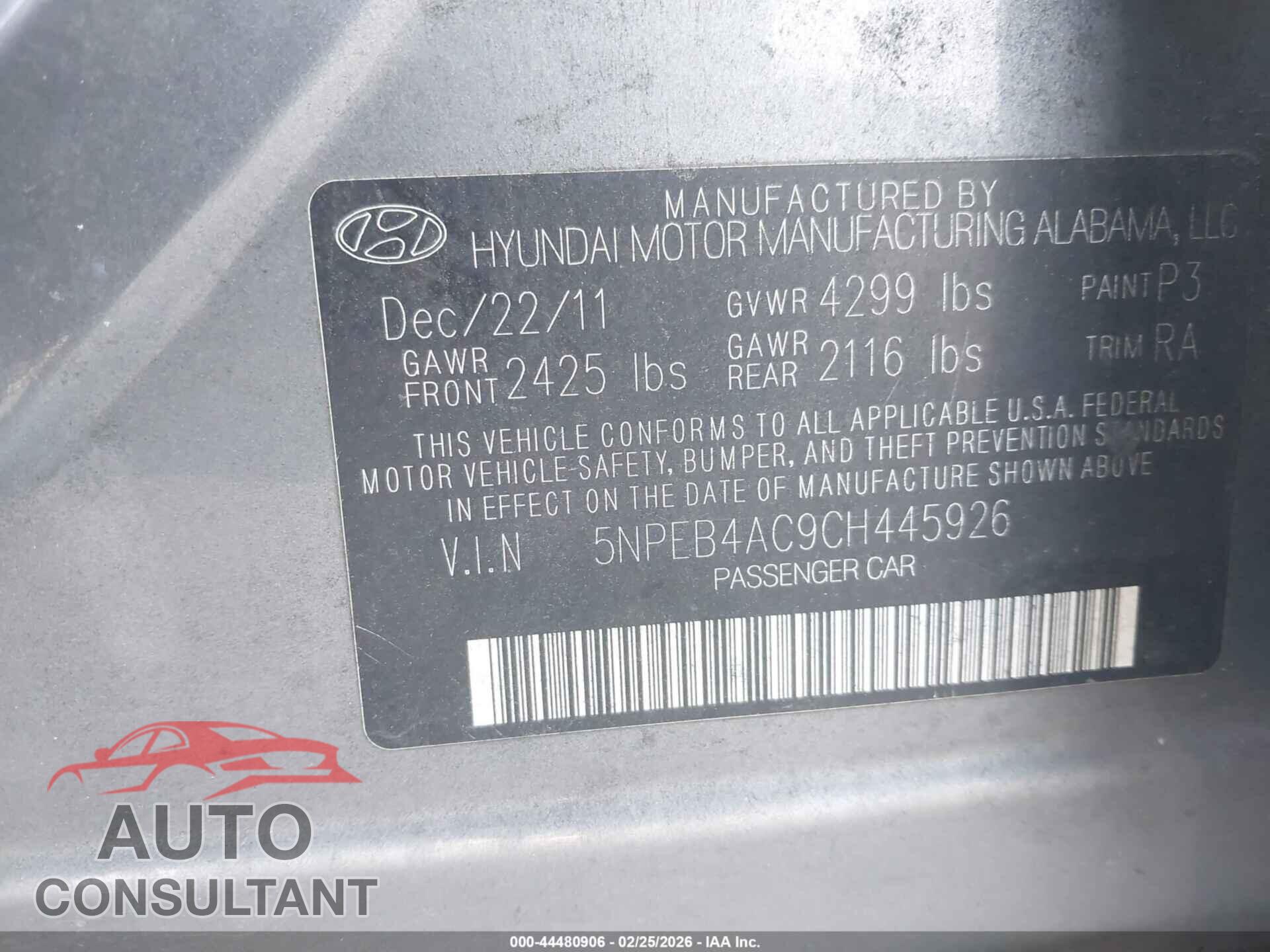 HYUNDAI SONATA 2012 - 5NPEB4AC9CH445926