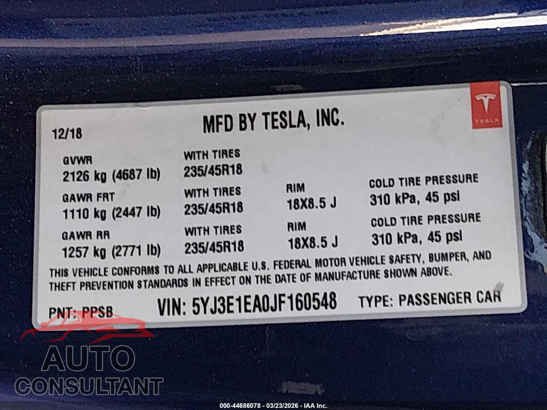 TESLA MODEL 3 2018 - 5YJ3E1EA0JF160548