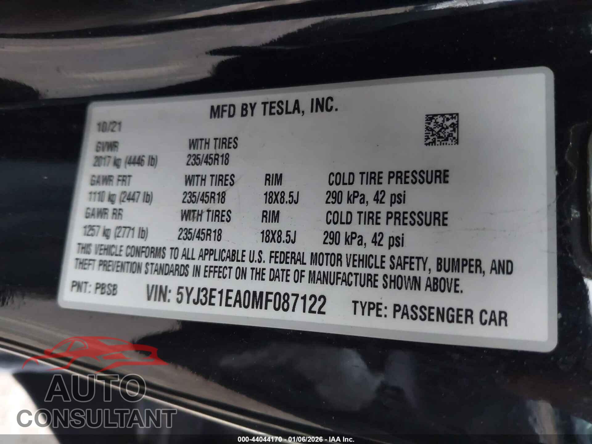 TESLA MODEL 3 2021 - 5YJ3E1EA0MF087122