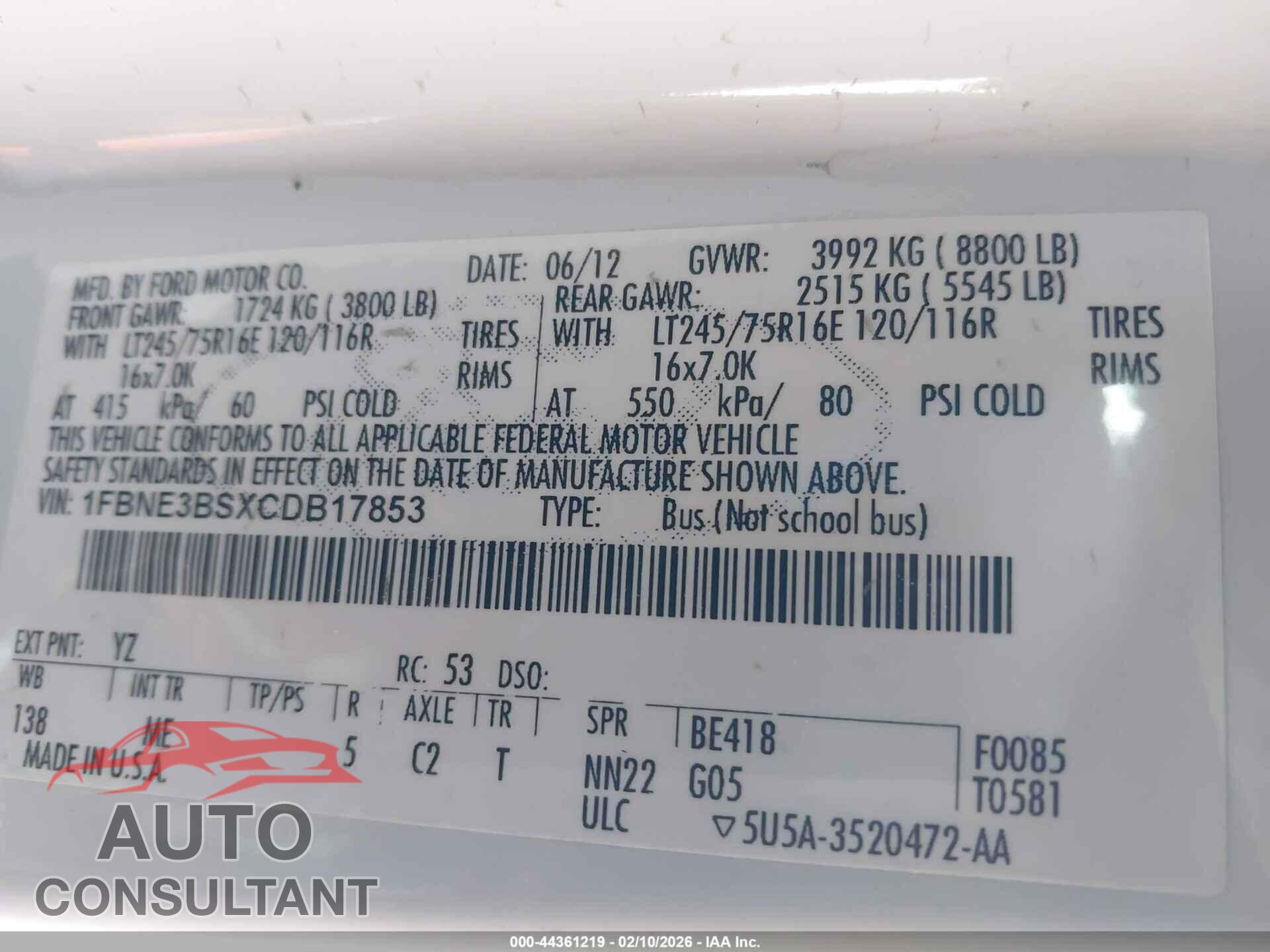 FORD E-350 SUPER DUTY 2012 - 1FBNE3BSXCDB17853