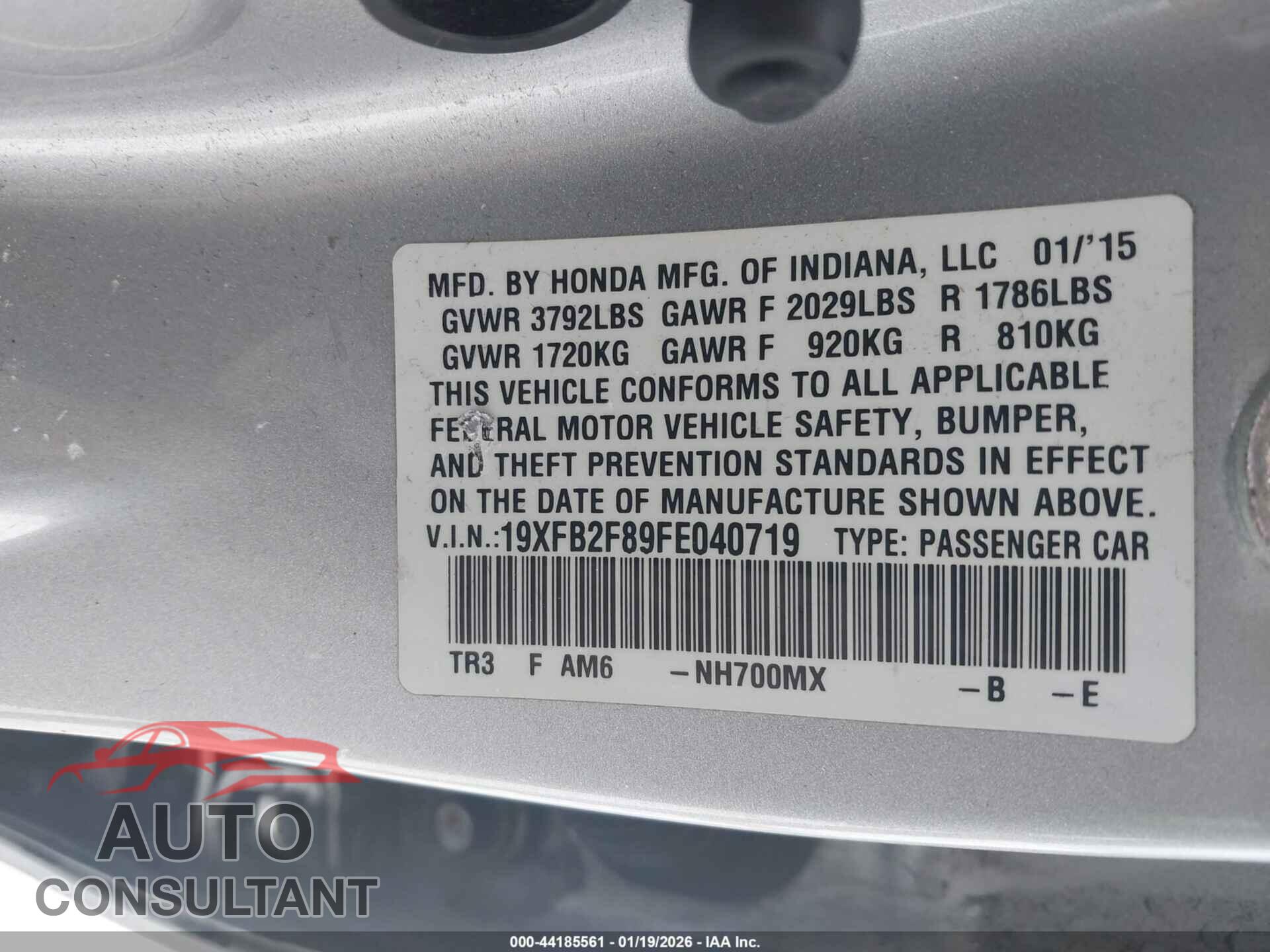 HONDA CIVIC 2015 - 19XFB2F89FE040719