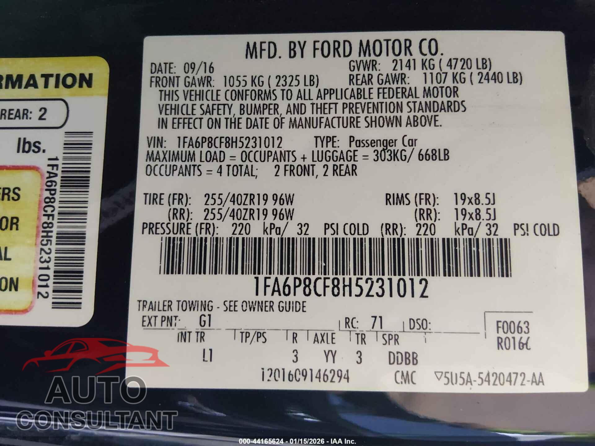 FORD MUSTANG 2017 - 1FA6P8CF8H5231012