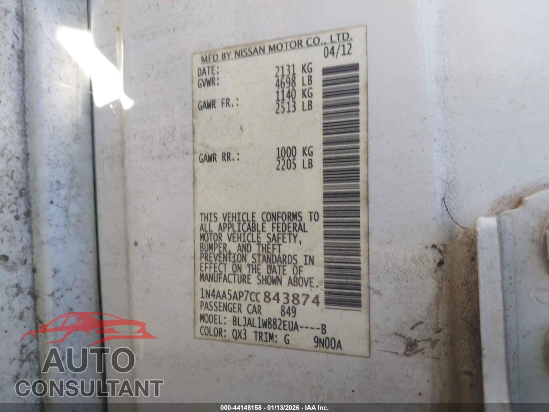 NISSAN MAXIMA 2012 - 1N4AA5AP7CC843874