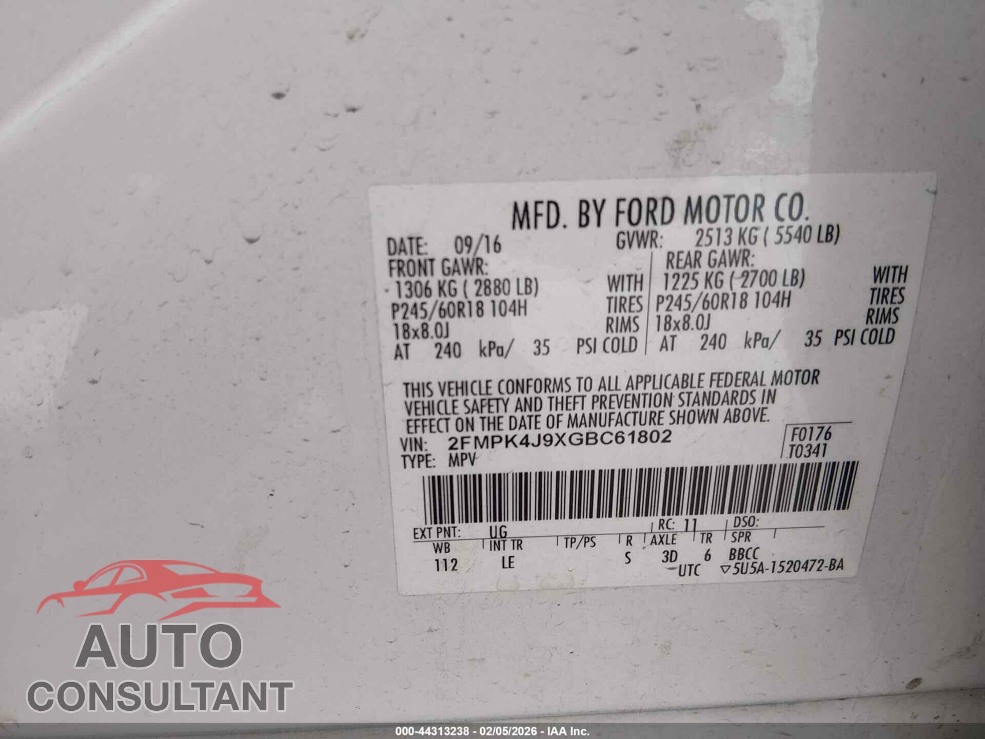 FORD EDGE 2016 - 2FMPK4J9XGBC61802