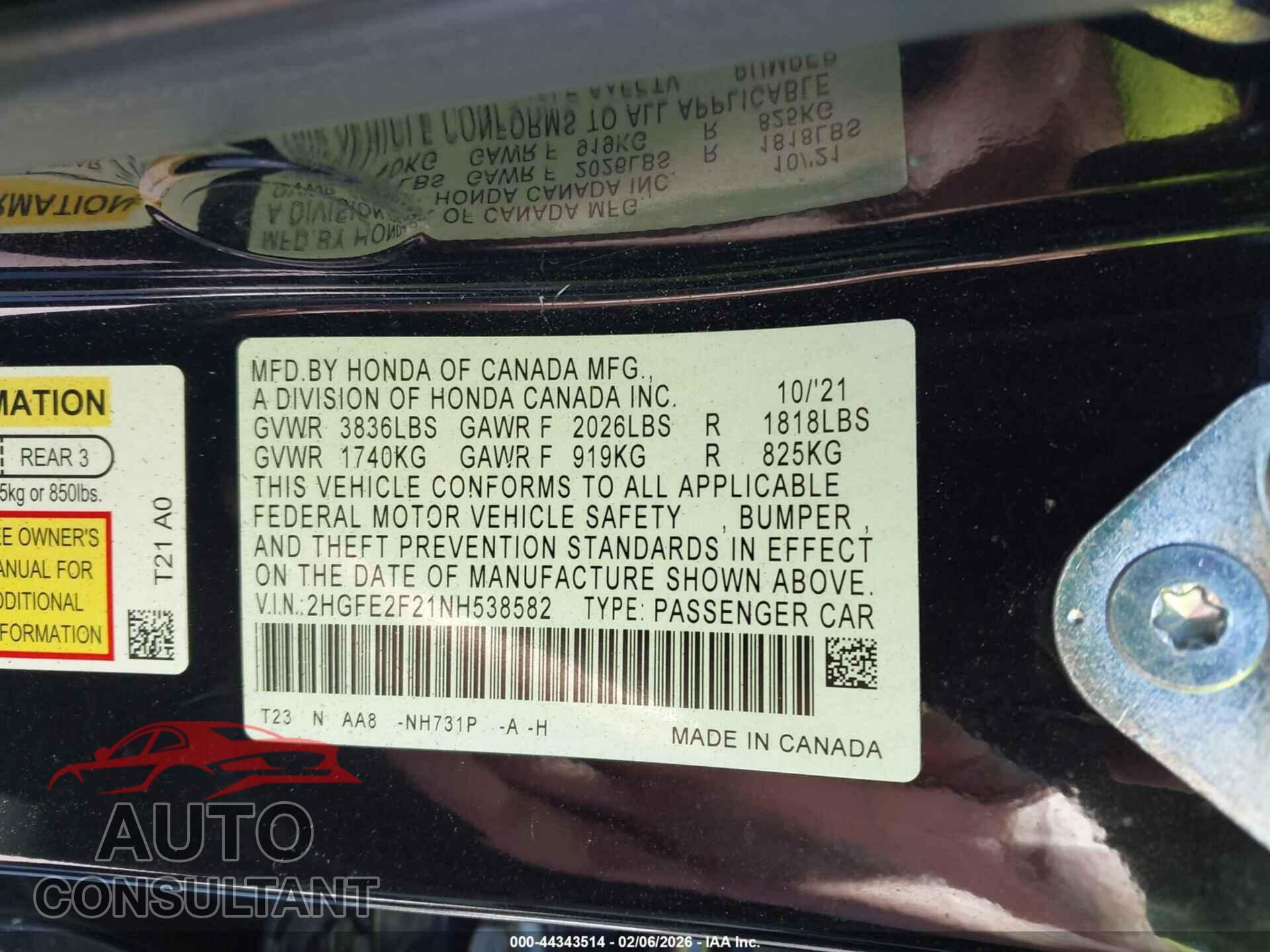 HONDA CIVIC 2022 - 2HGFE2F21NH538582