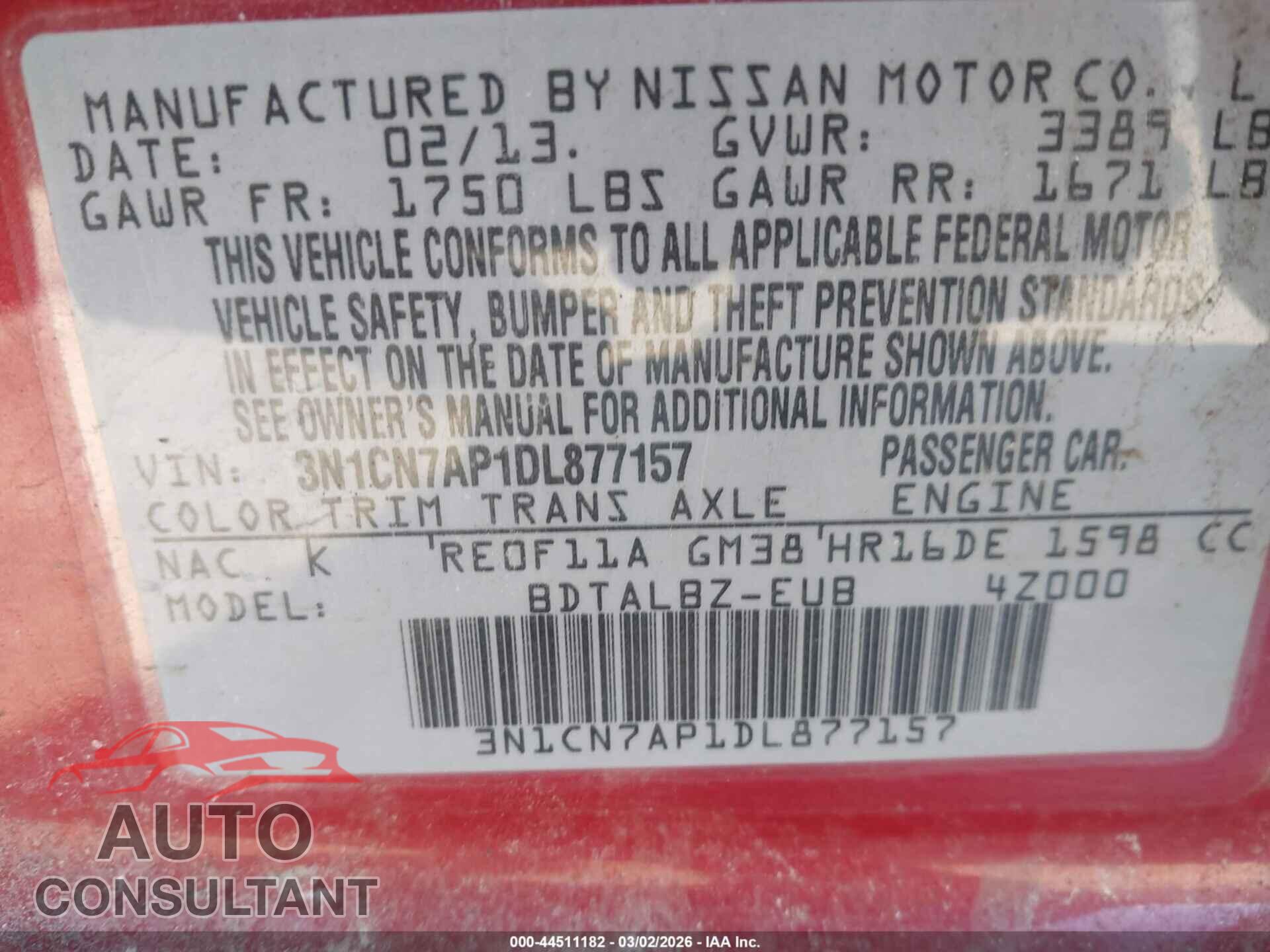 NISSAN VERSA 2013 - 3N1CN7AP1DL877157