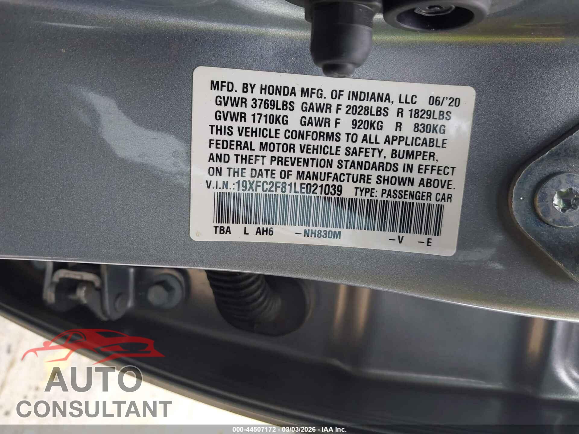HONDA CIVIC 2020 - 19XFC2F81LE021039