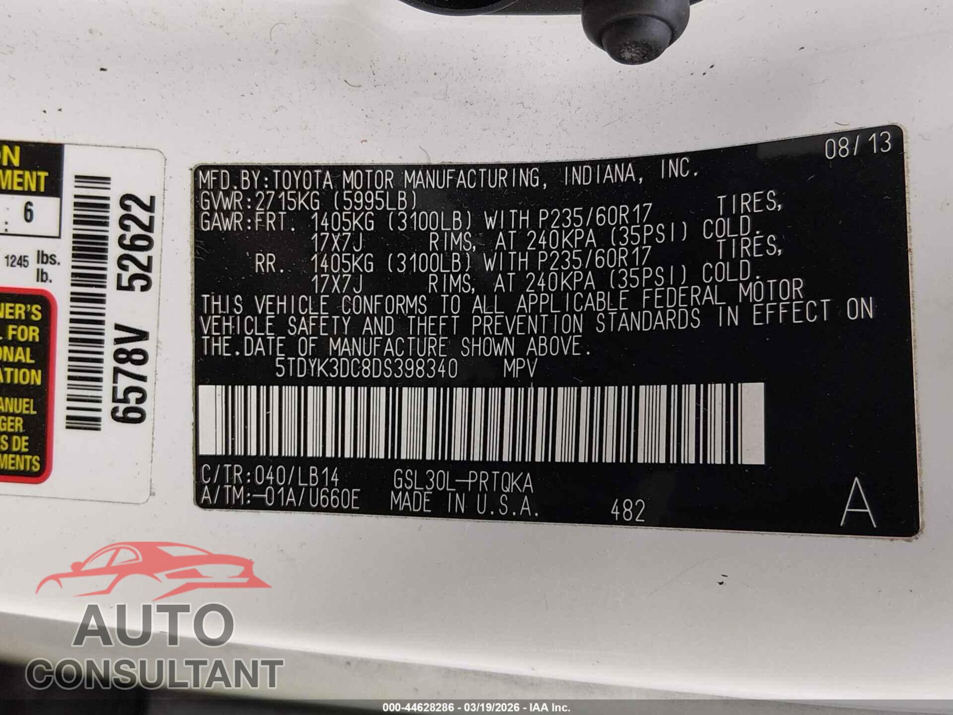 TOYOTA SIENNA 2013 - 5TDYK3DC8DS398340