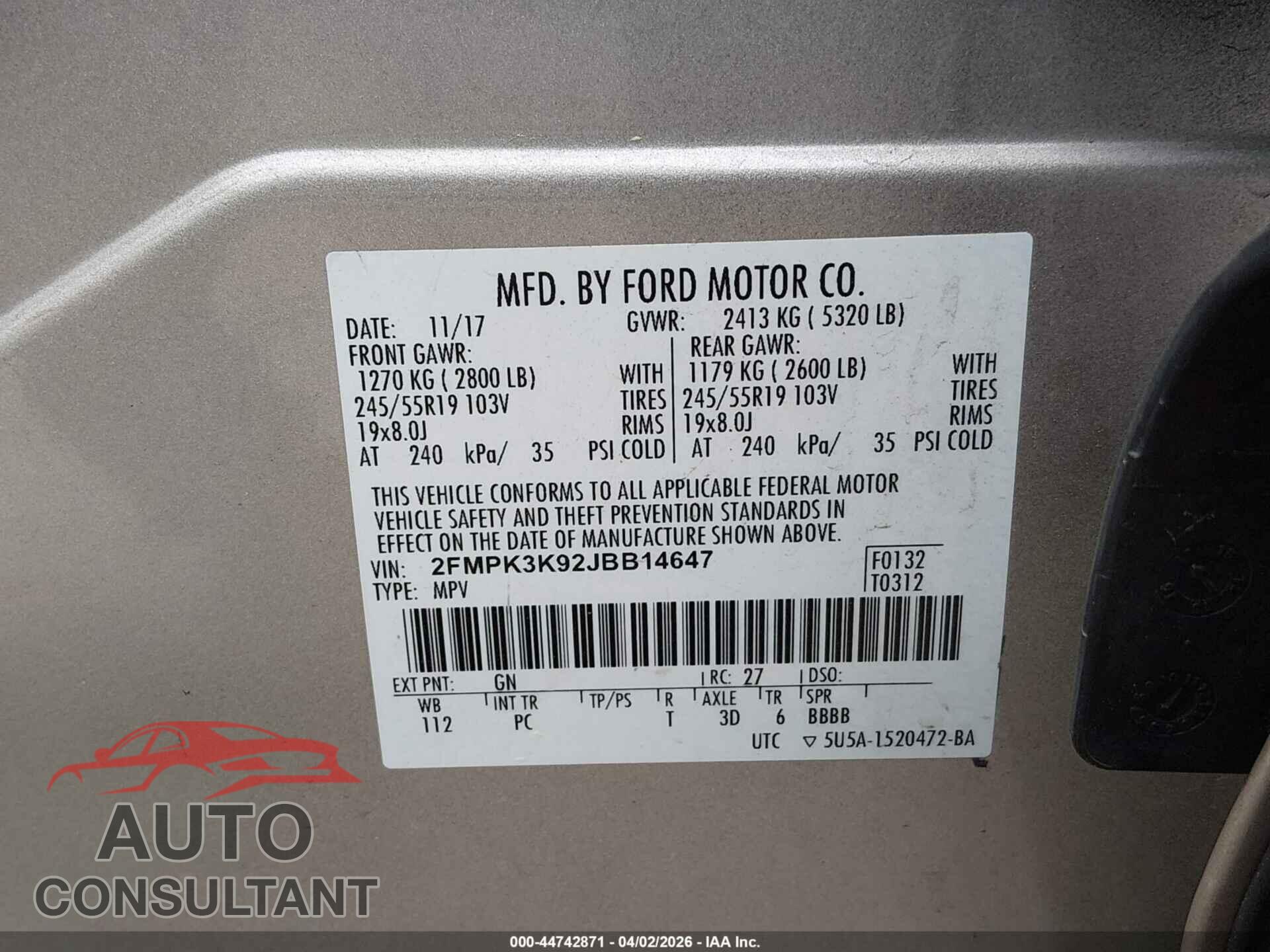 FORD EDGE 2018 - 2FMPK3K92JBB14647