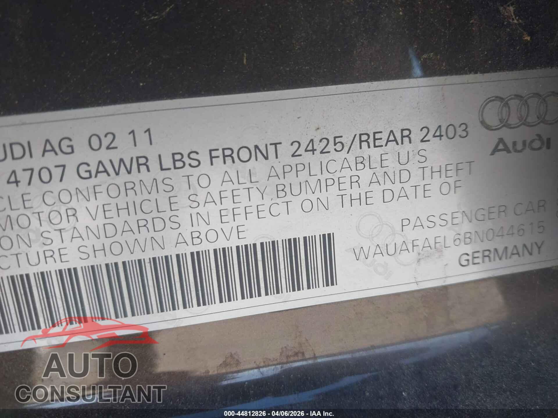 AUDI A4 2011 - WAUAFAFL6BN044615