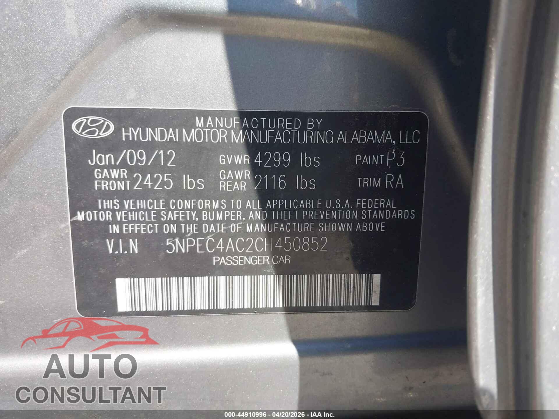HYUNDAI SONATA 2012 - 5NPEC4AC2CH450852