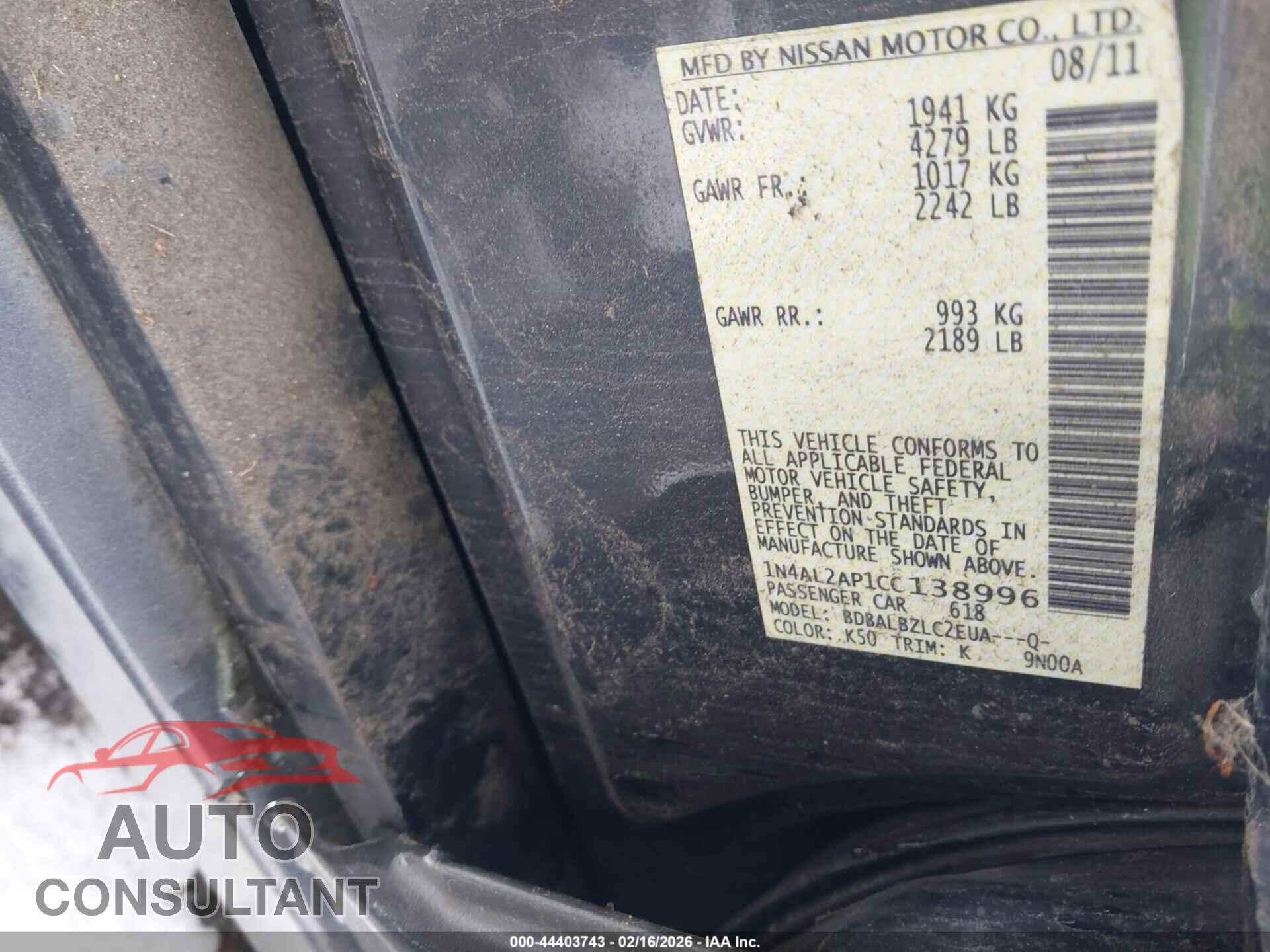 NISSAN ALTIMA 2012 - 1N4AL2AP1CC138996