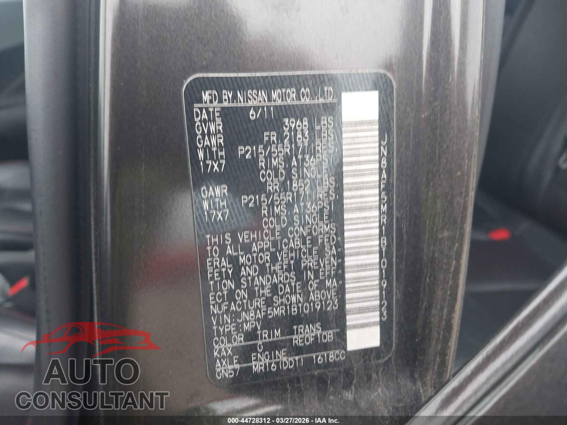 NISSAN JUKE 2011 - JN8AF5MR1BT019123