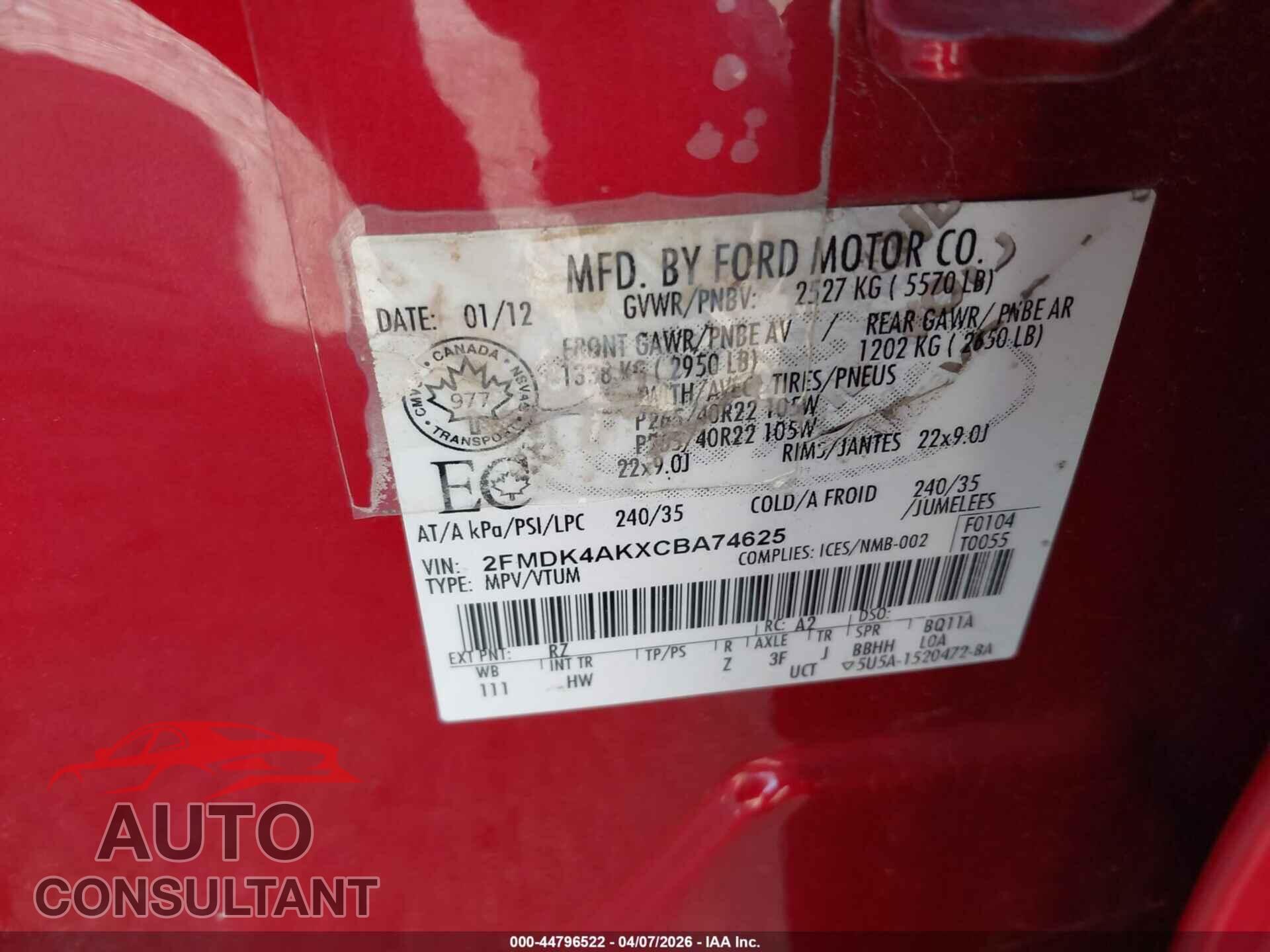 FORD EDGE 2012 - 2FMDK4AKXCBA74625