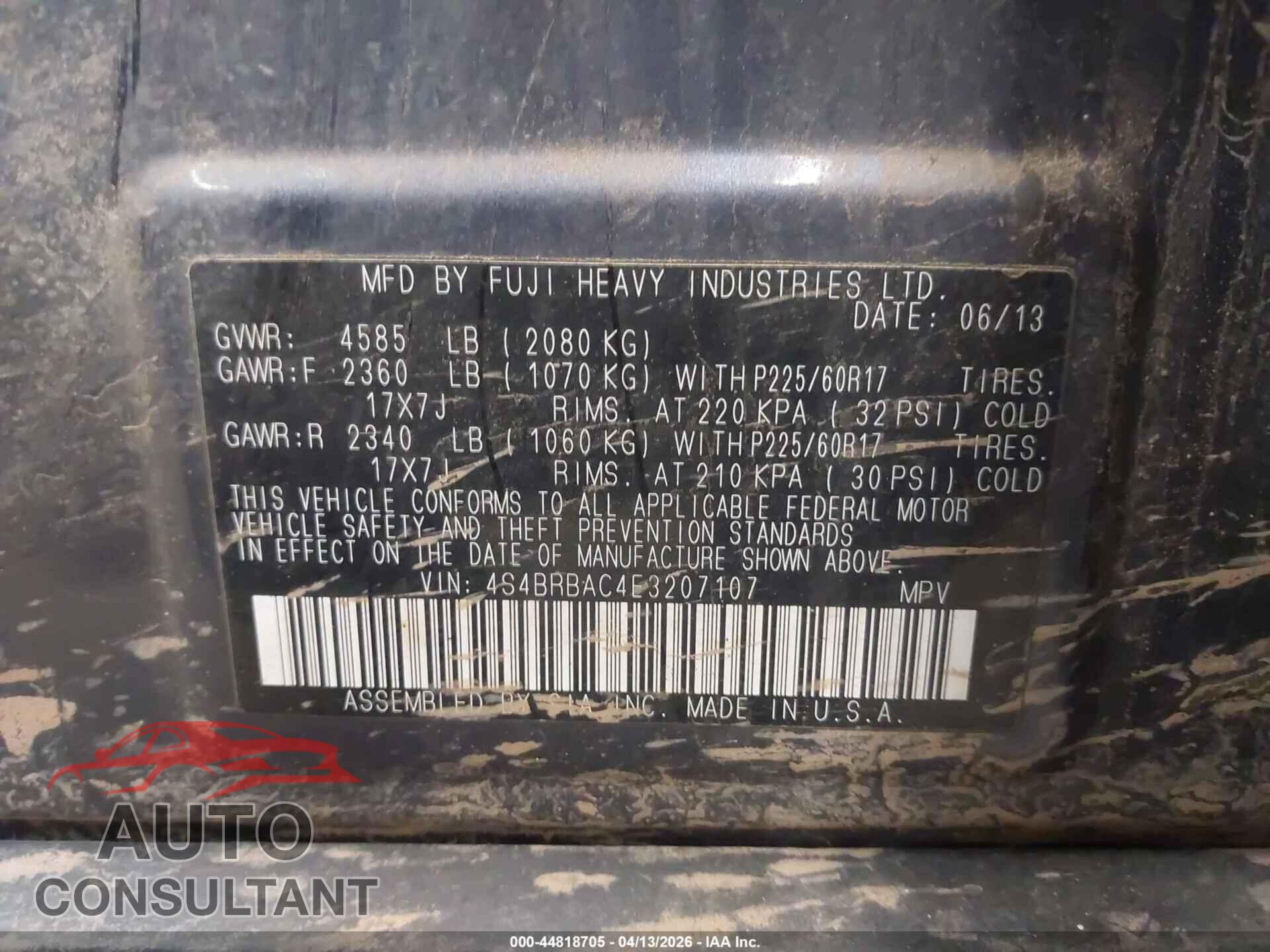 SUBARU OUTBACK 2014 - 4S4BRBAC4E3207107