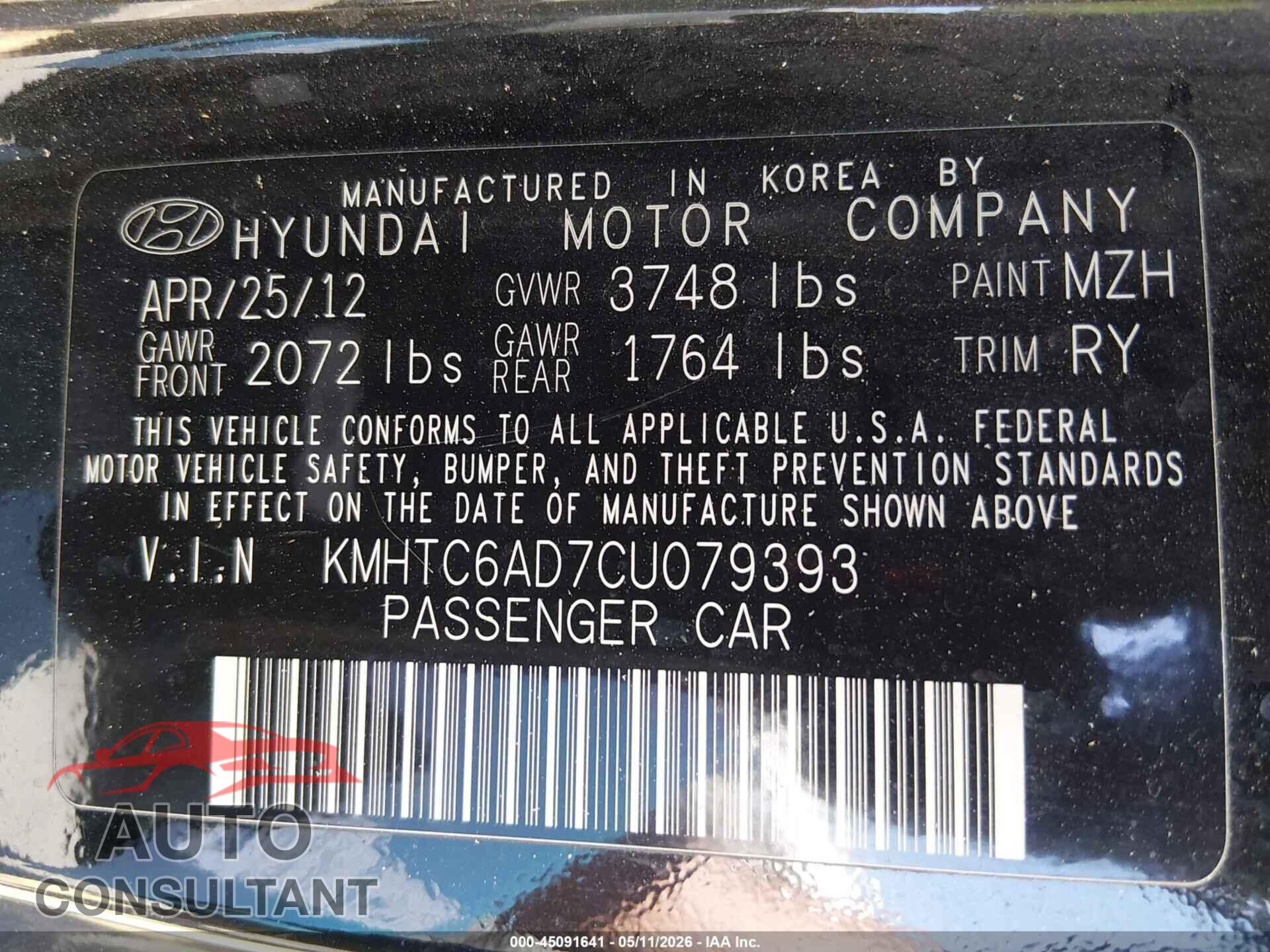 HYUNDAI VELOSTER 2012 - KMHTC6AD7CU079393