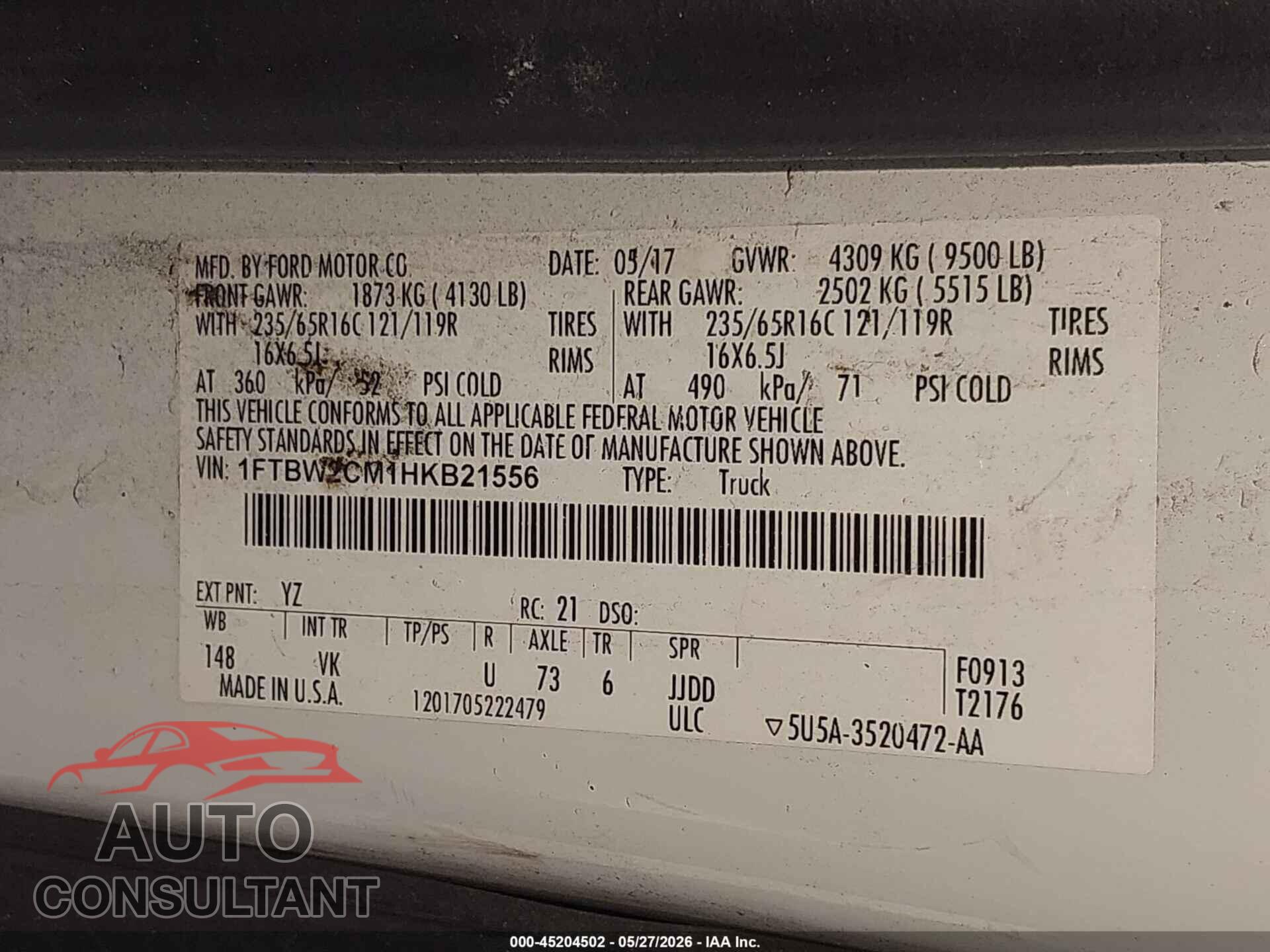 FORD TRANSIT-350 2017 - 1FTBW2CM1HKB21556