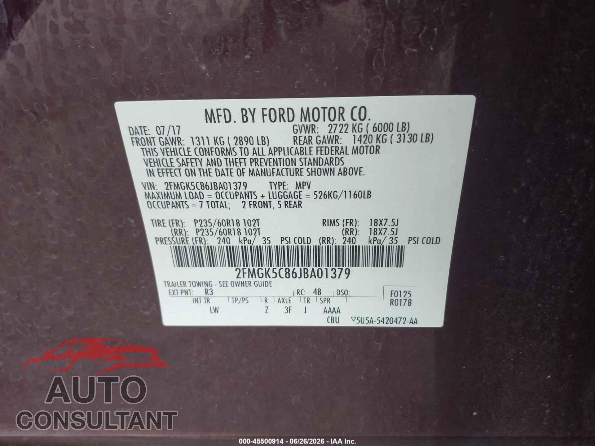 FORD FLEX 2018 - 2FMGK5C86JBA01379