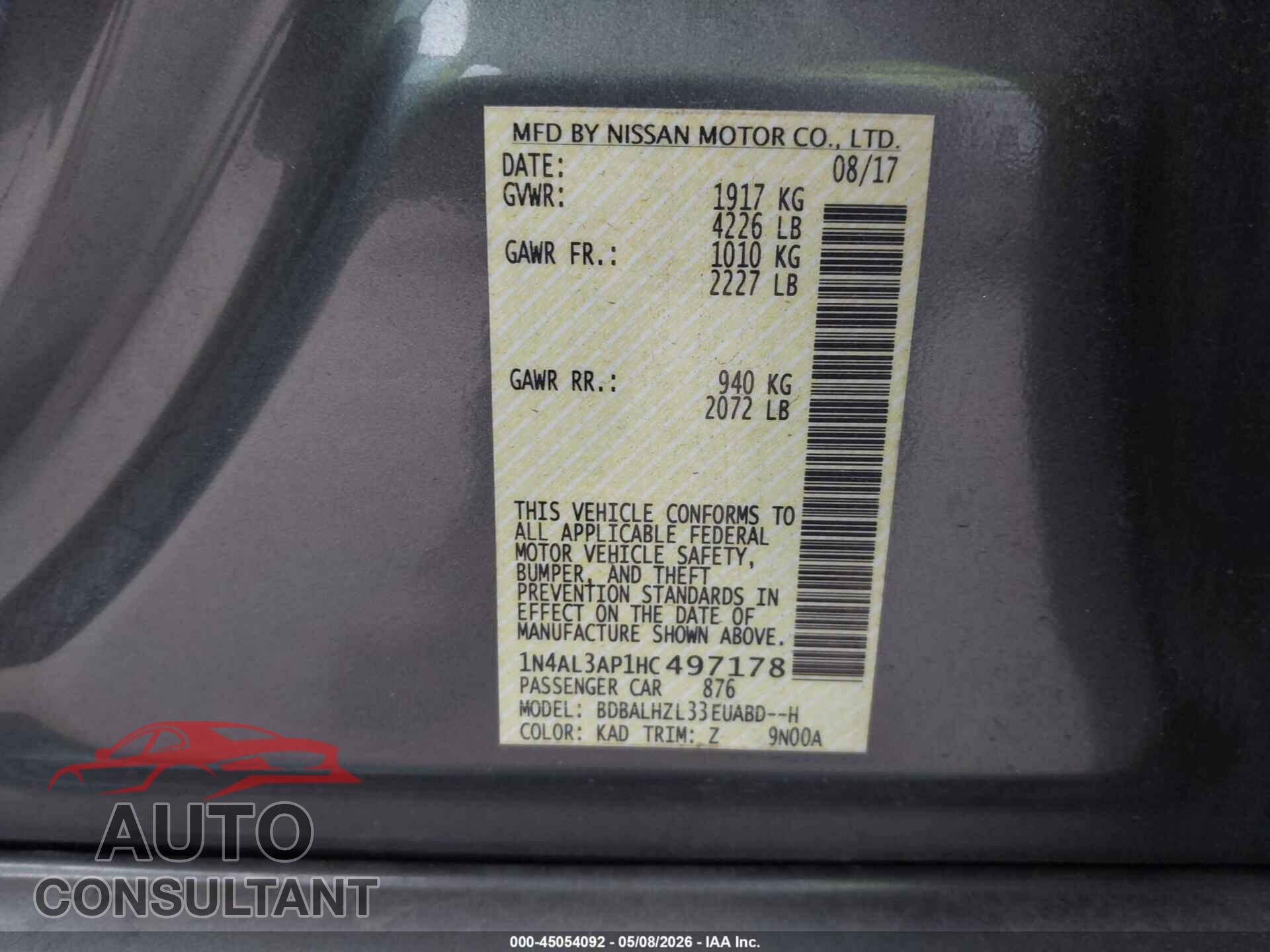 NISSAN ALTIMA 2017 - 1N4AL3AP1HC497178