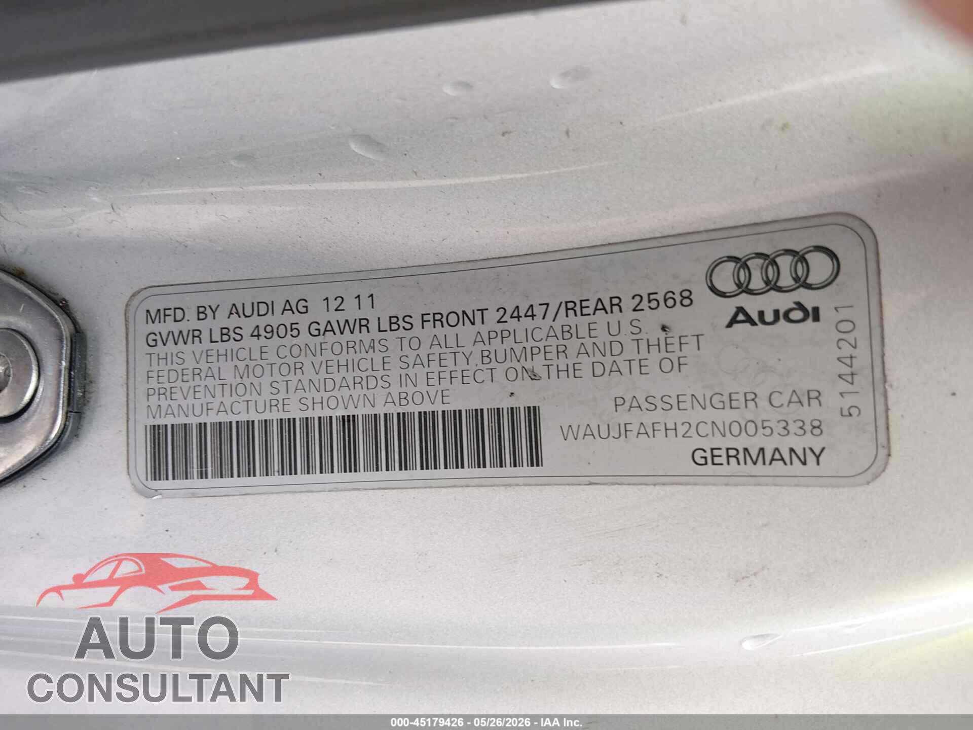 AUDI A5 2012 - WAUJFAFH2CN005338