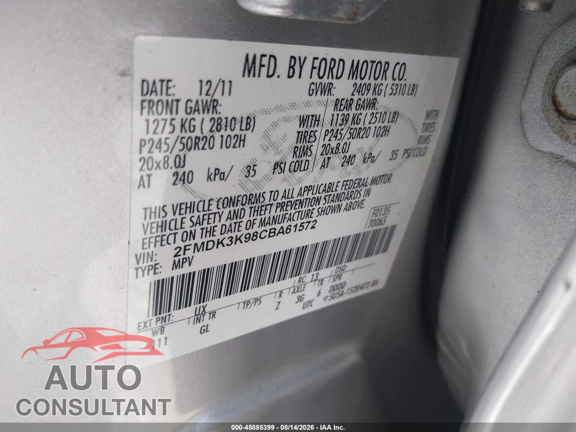 FORD EDGE 2012 - 2FMDK3K98CBA61572