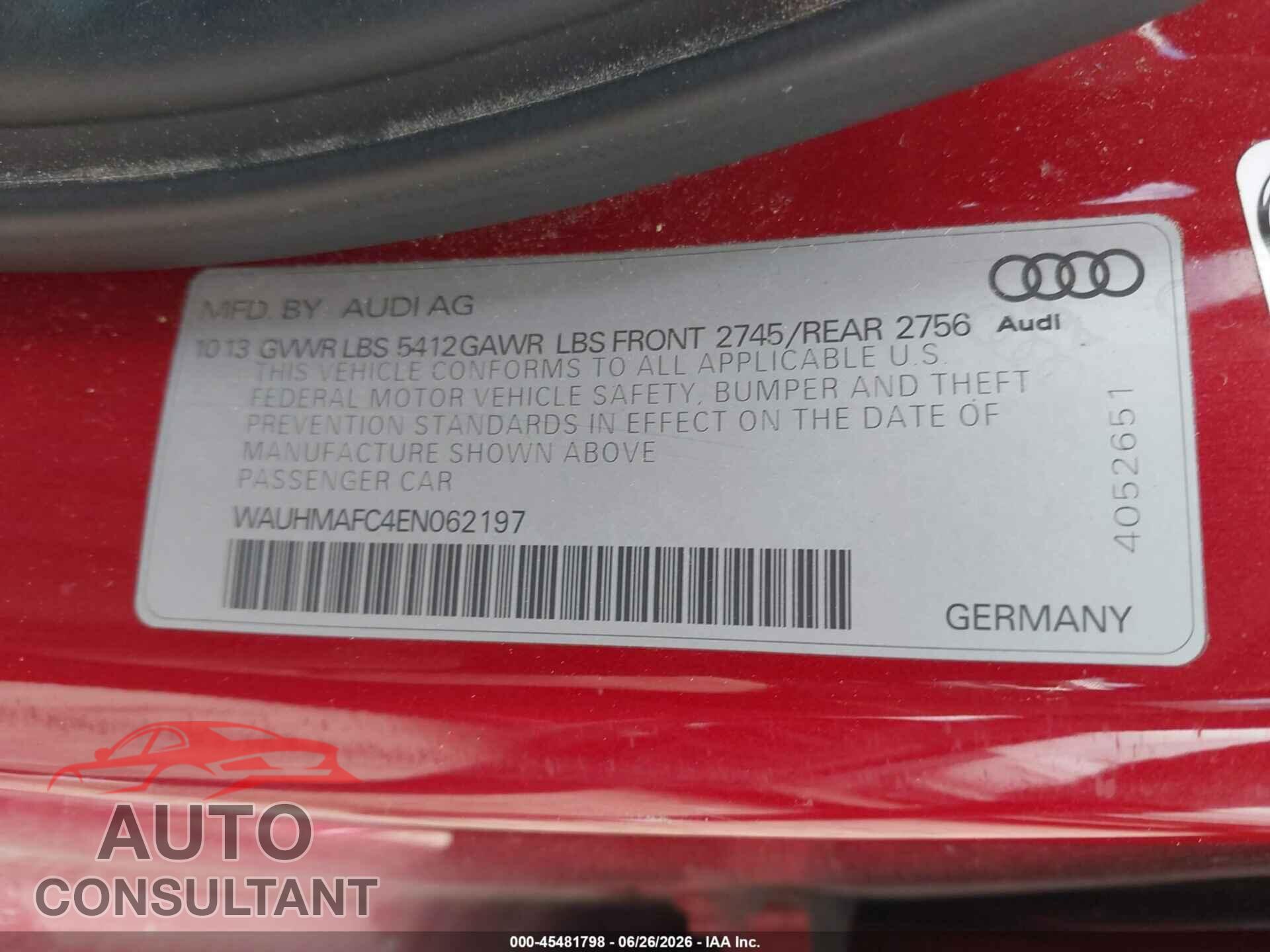 AUDI A6 2014 - WAUHMAFC4EN062197