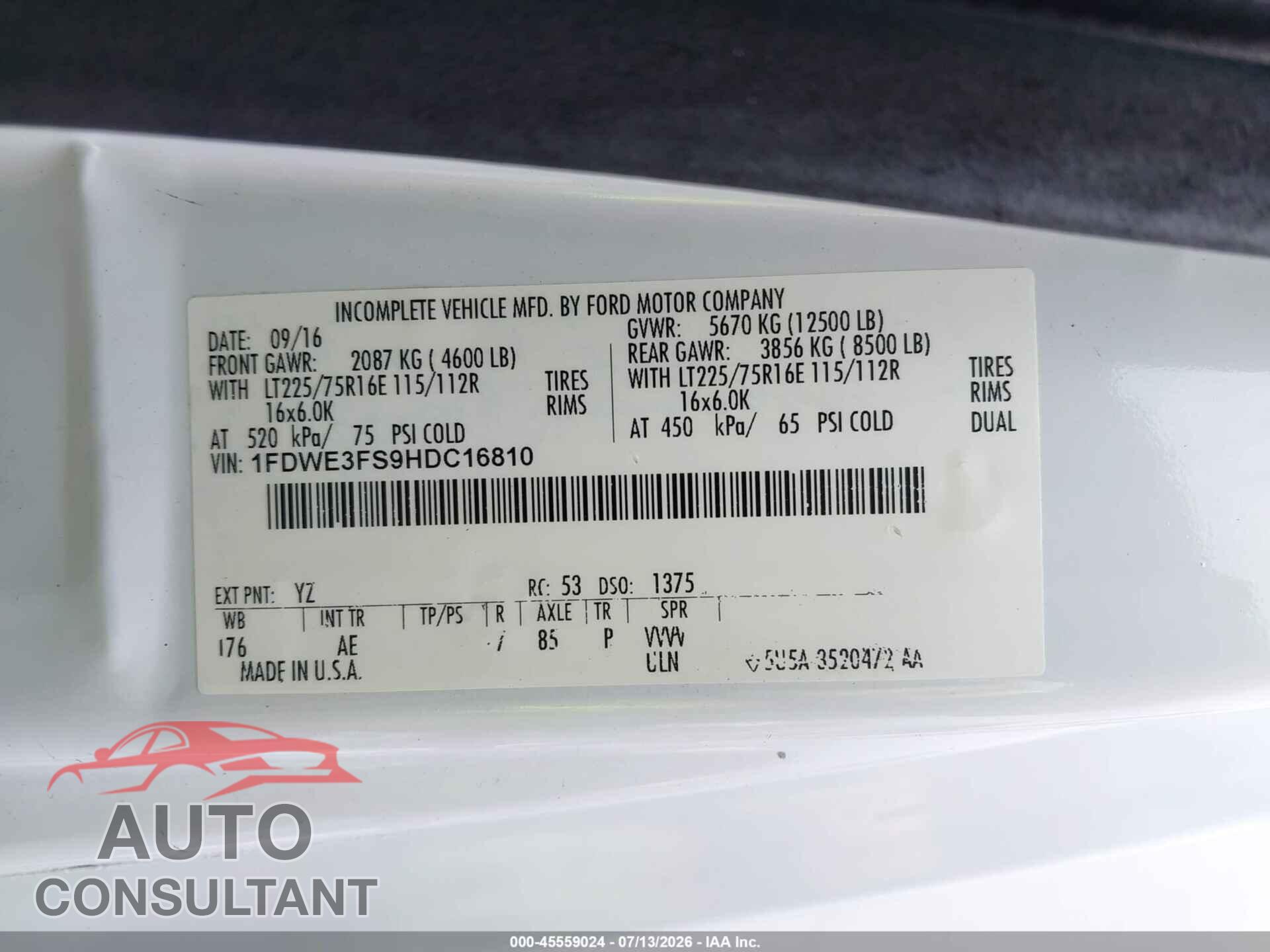 FORD E-350 CUTAWAY 2017 - 1FDWE3FS9HDC16810