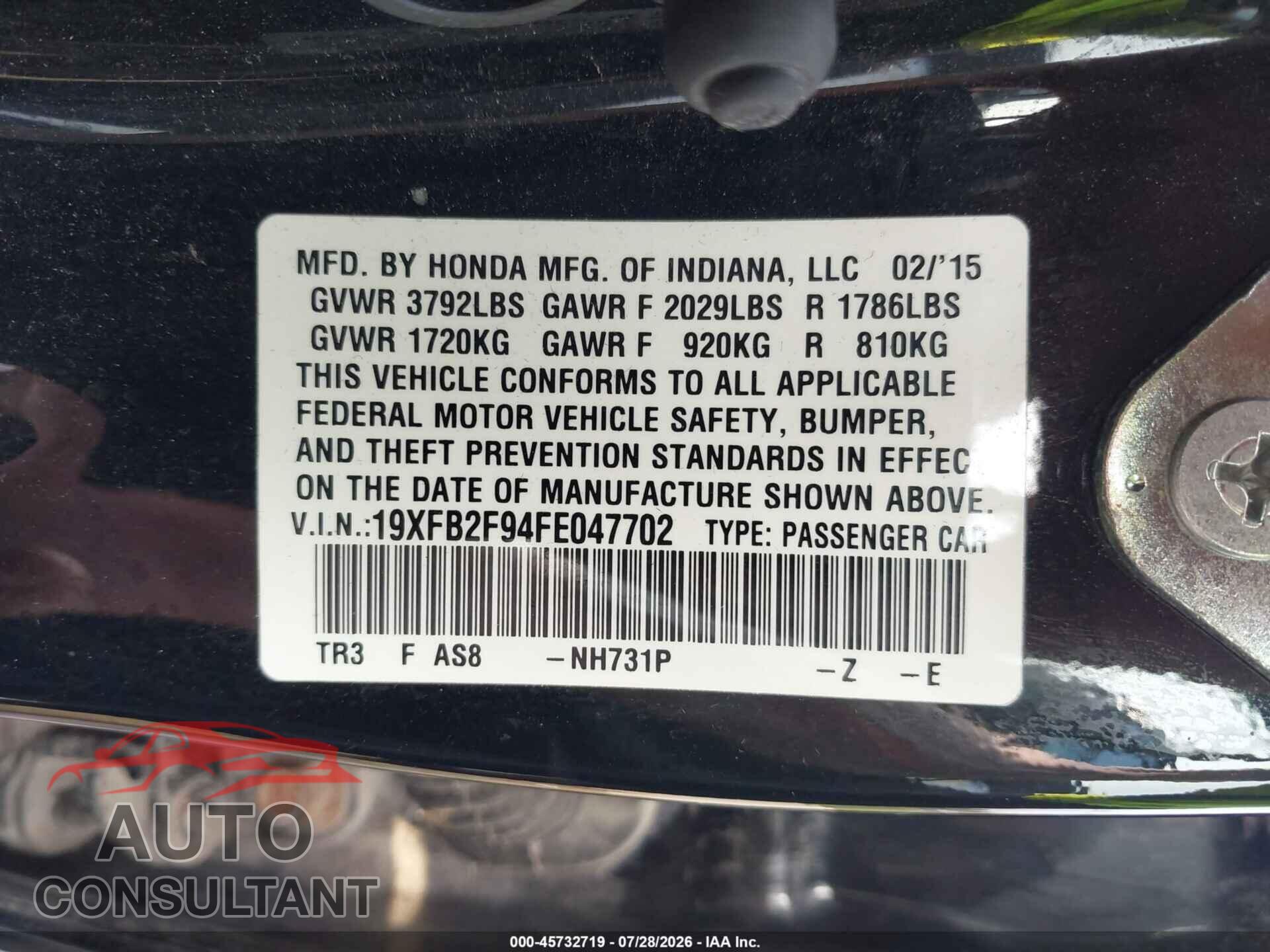 HONDA CIVIC 2015 - 19XFB2F94FE047702