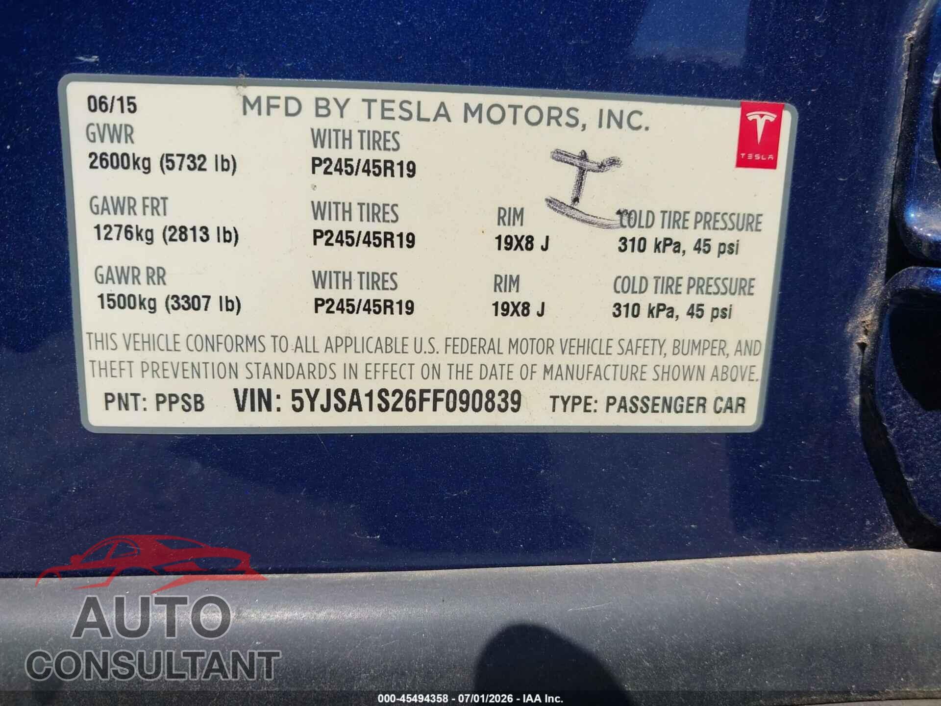TESLA MODEL S 2015 - 5YJSA1S26FF090839