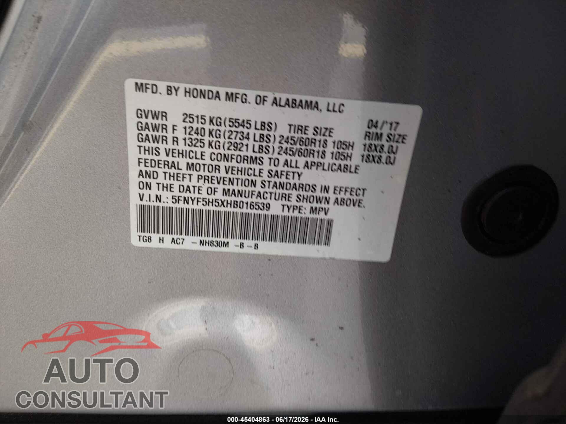 HONDA PILOT 2017 - 5FNYF5H5XHB016539