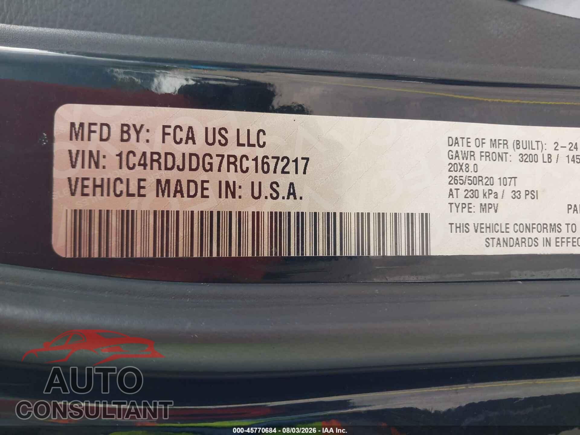 DODGE DURANGO 2024 - 1C4RDJDG7RC167217
