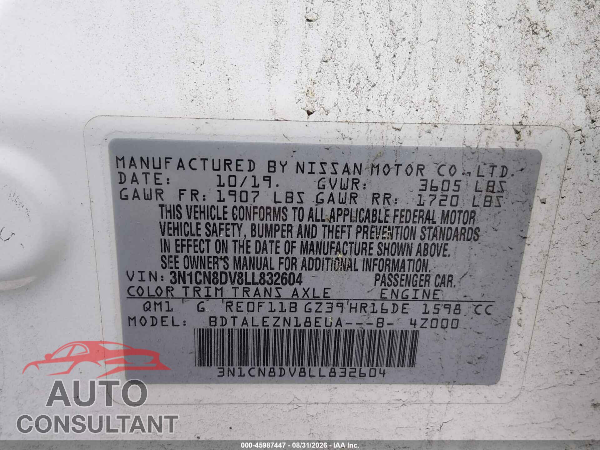 NISSAN VERSA 2020 - 3N1CN8DV8LL832604