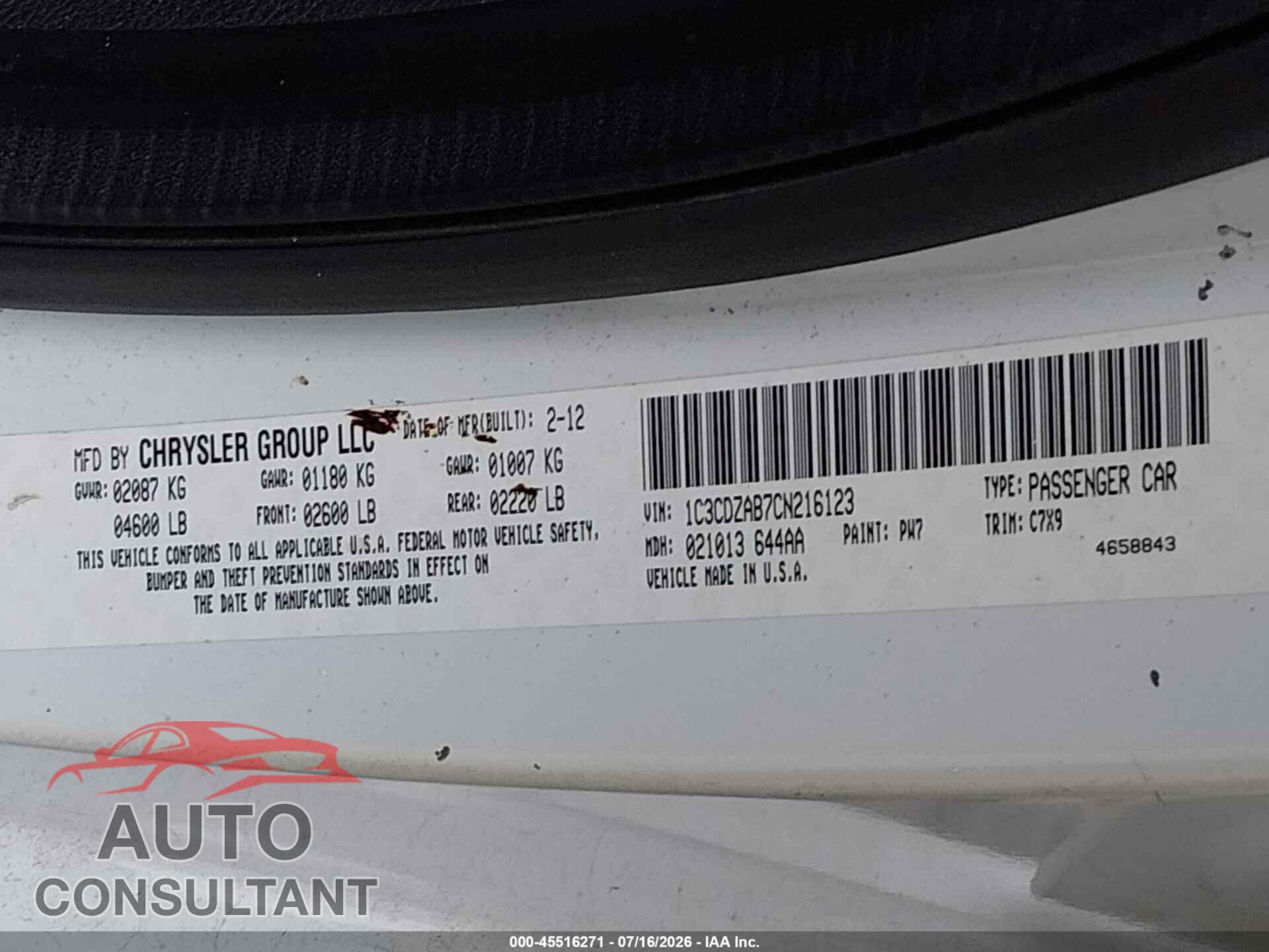 DODGE AVENGER 2012 - 1C3CDZAB7CN216123