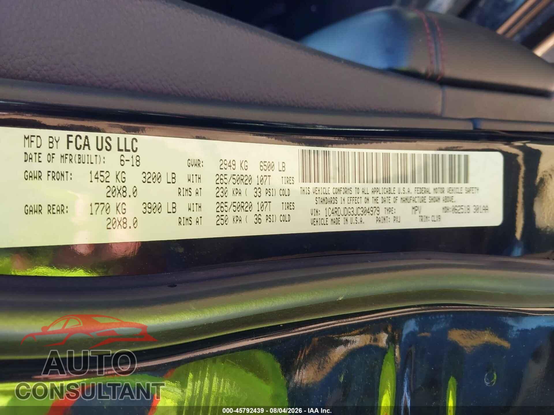 DODGE DURANGO 2018 - 1C4RDJDG3JC304979