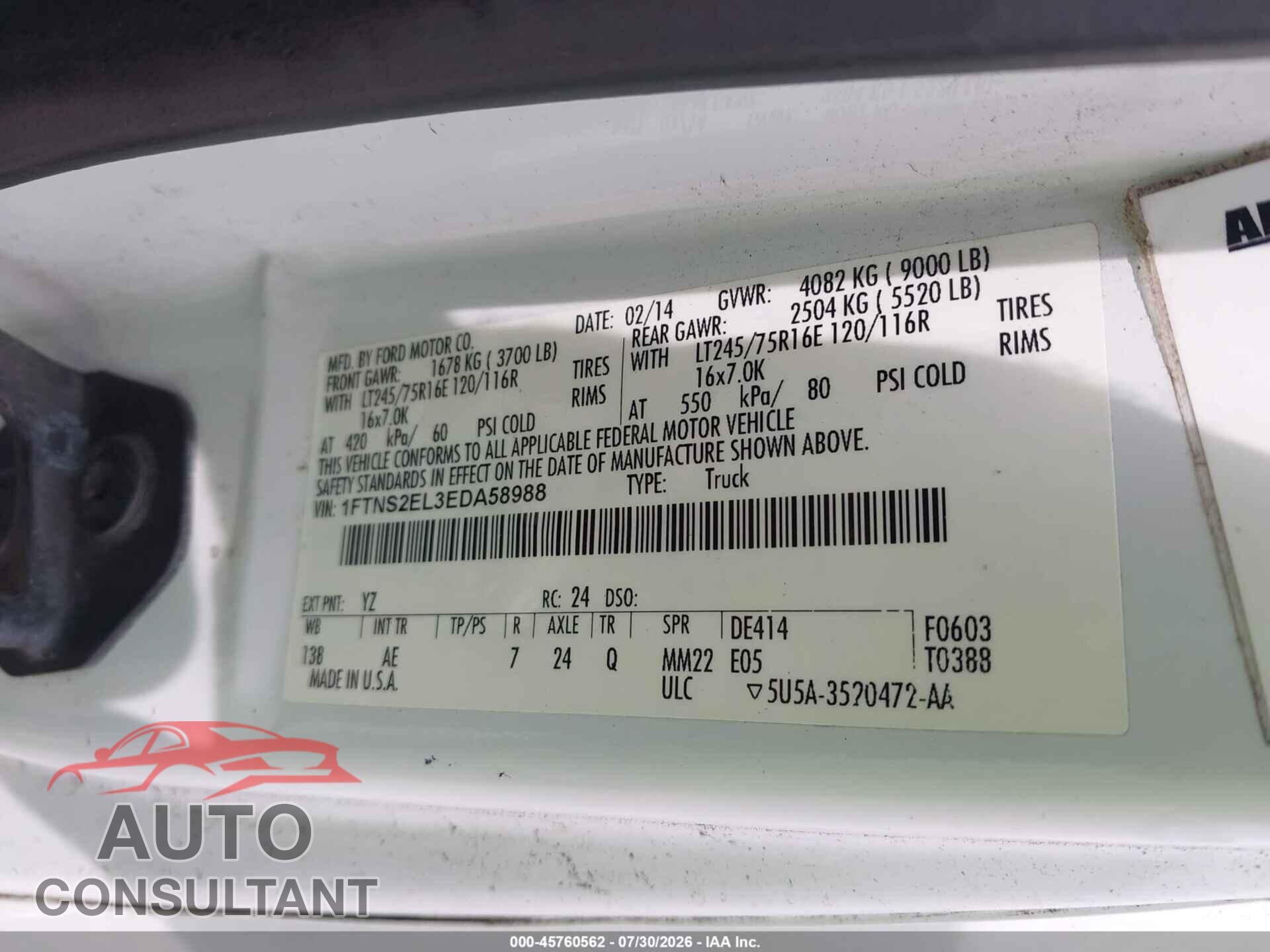 FORD E-250 2014 - 1FTNS2EL3EDA58988