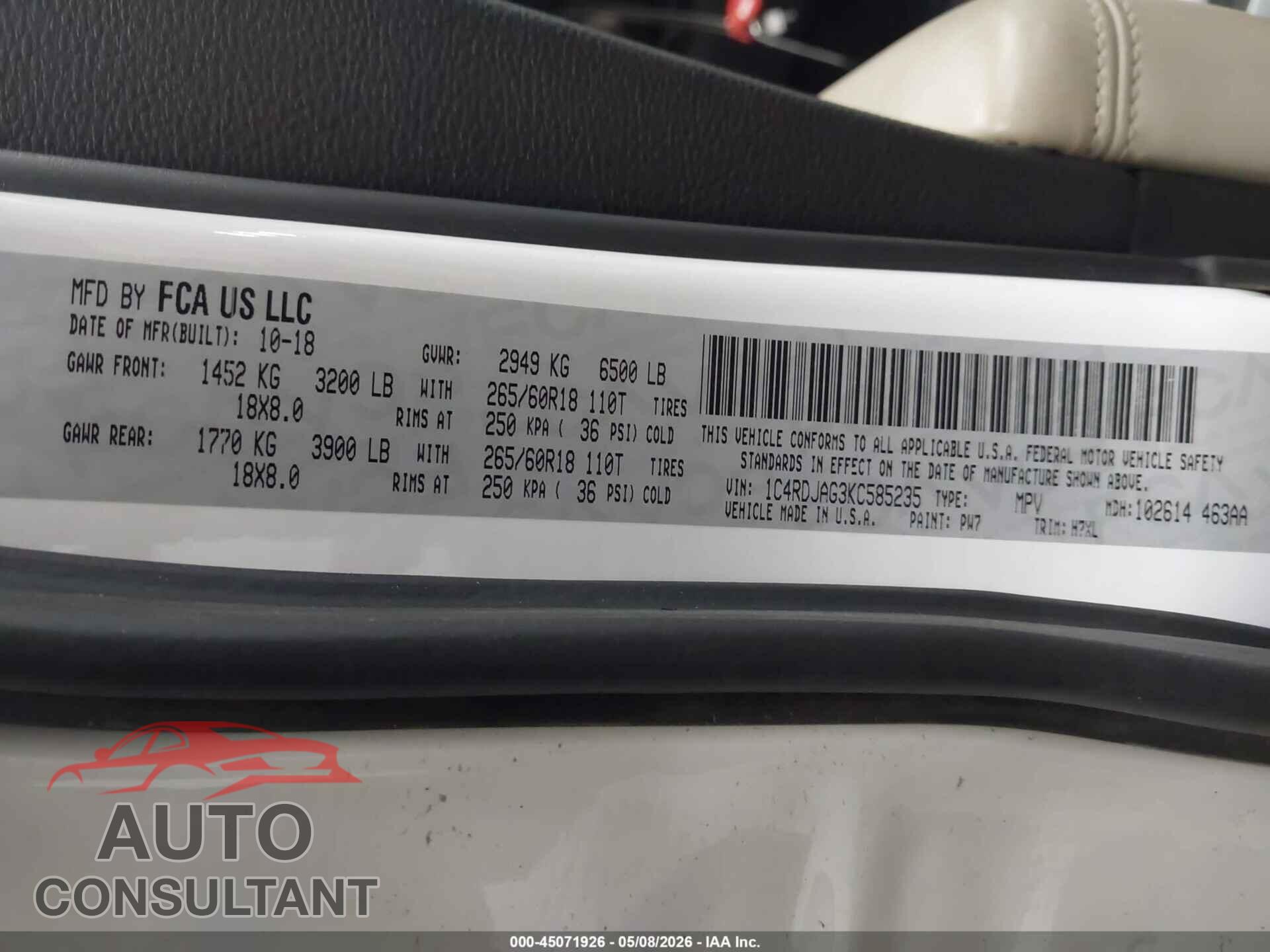 DODGE DURANGO 2019 - 1C4RDJAG3KC585235